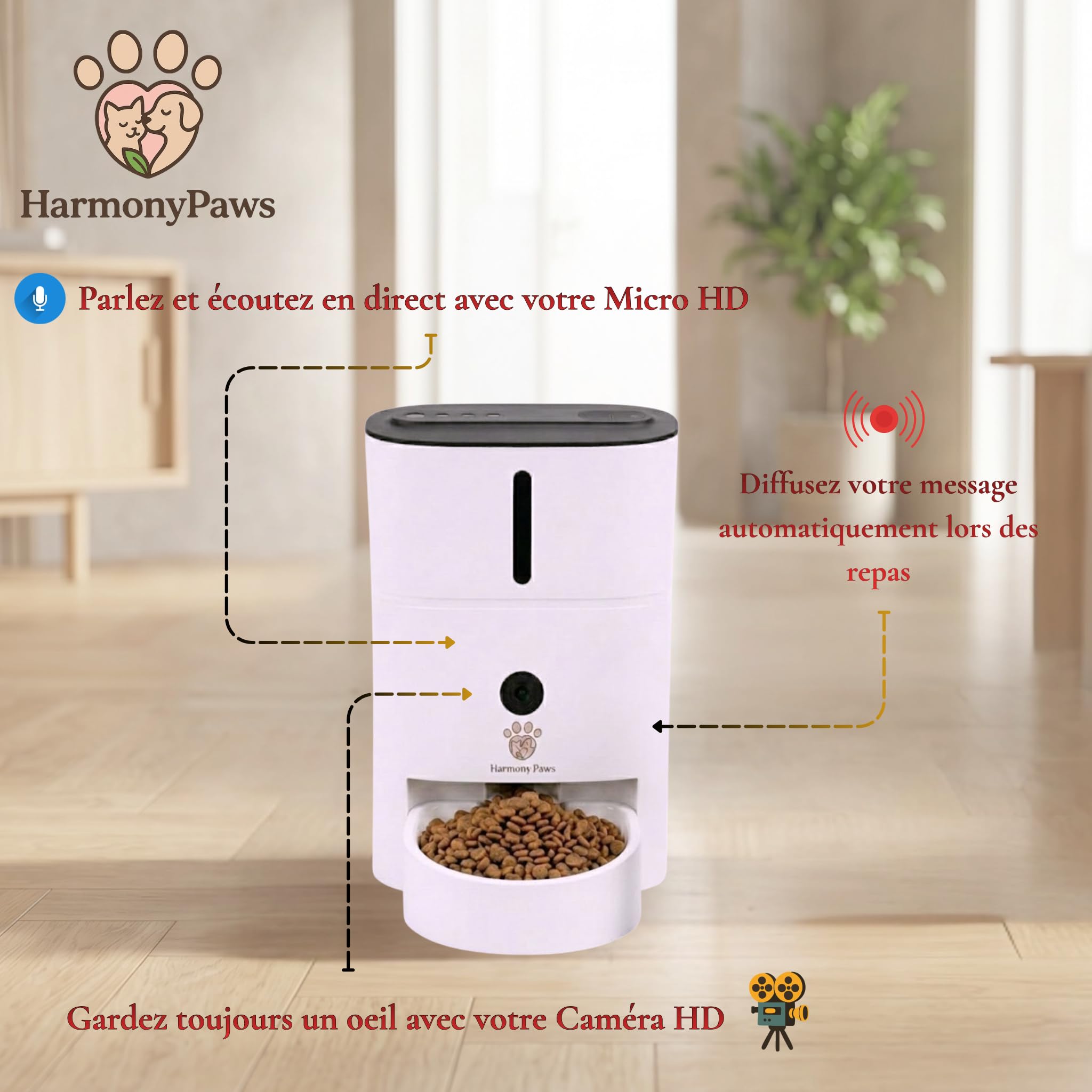 HarmonyPaws Distributeur de Croquette prenium Automatique connecté Smartlife WiFi avec caméra Haute définition à détecteur de Mouvement et Micro intégré