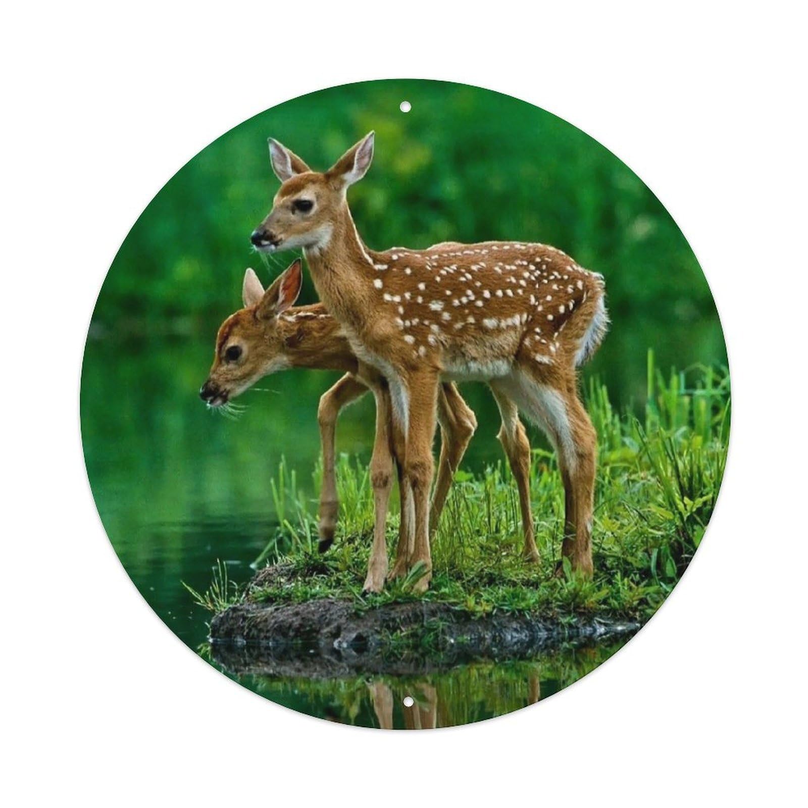 Animal Two Deer by The River Vintage Metal Tin Sign Plaque Wall Decor for Cafe, Club, Garden Round Metal Poster 8x8Inch