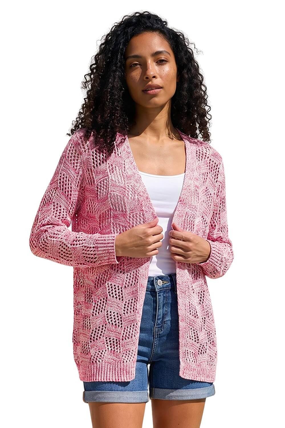 Roman Originals Tape Knit Cotton Blend Cardigan for Women UK - Ladies Everyday Holiday Spring Summer Comfy Soft Evening Vacation Work Party - Pink - Size 14