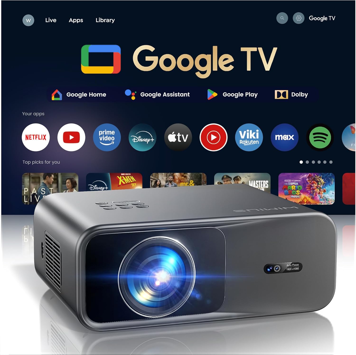 Google TV Projector 4K Supported, WiFi and Bluetooth, Outdoor Movie Projector, Auto Focus, Home Theater Projector