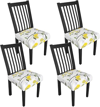Stretch Dining Chair Seat Covers Set of 4,Dining Chair Slipcovers, Floral Printed Chair Covers,Soft Fabric Washable Upholstered Chair Seat Protector, No Rear Covers for Home Kitchen Dining Room