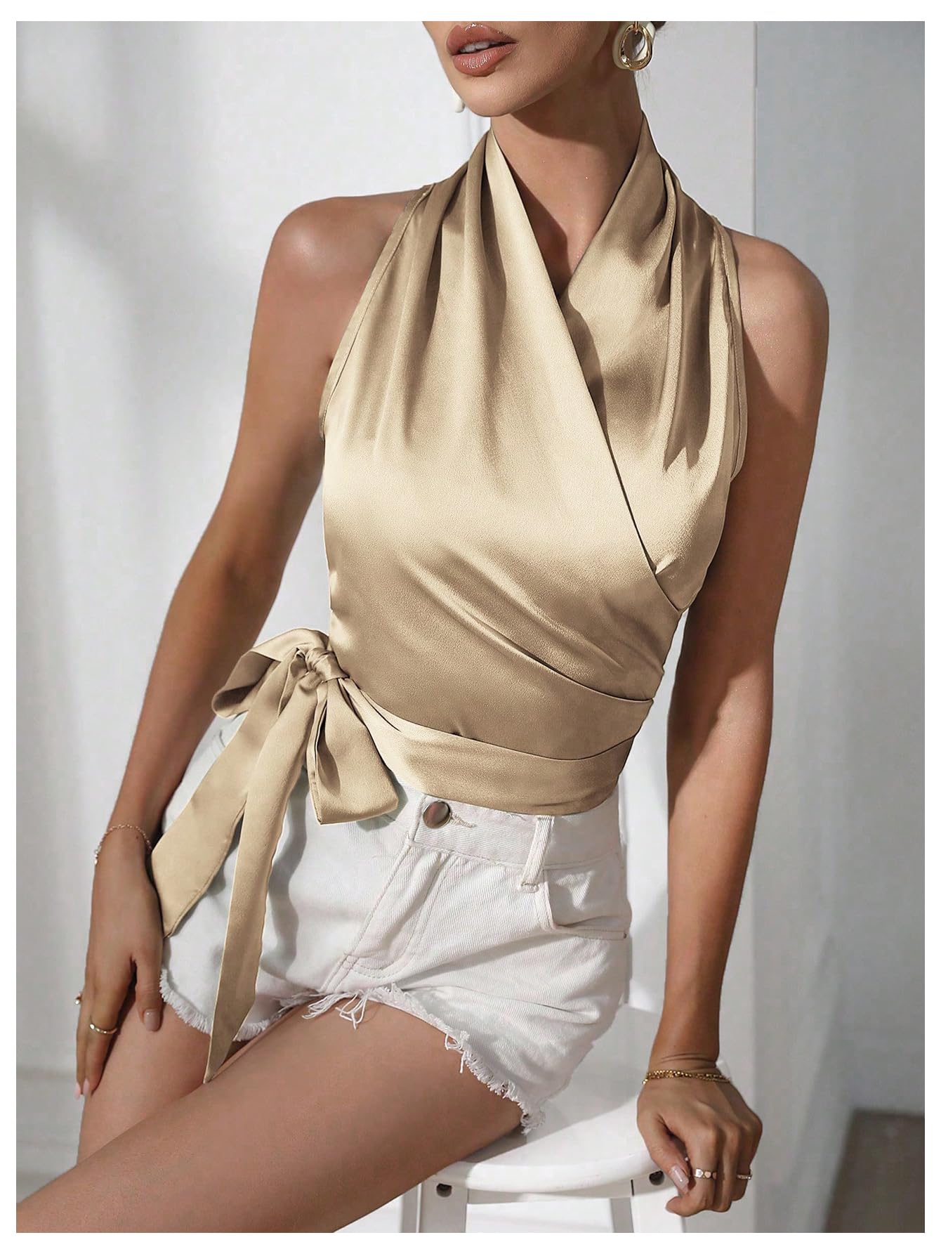 MakeMeChic Women's Satin Blouse Wrap V Neck Sleeveless Tie Side Summer Elegant Crop Tops