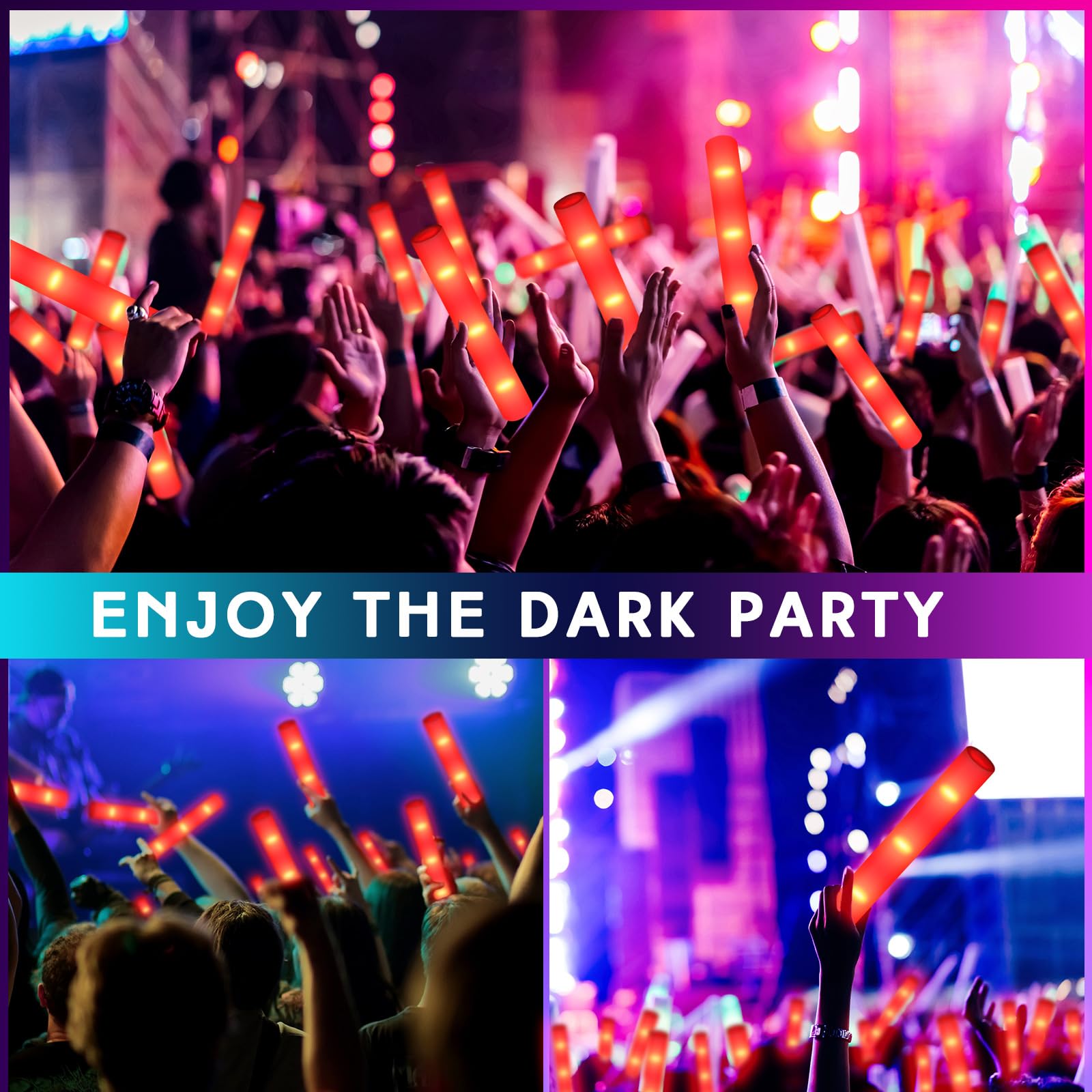 Poen Mini Glow Sticks Bulk LED Foam Sticks Light Up Foam Sticks Glow in the Dark Party Supplies for Wedding Birthday Raves Concerts Camping New Year Carnival(24 Pcs, Red)