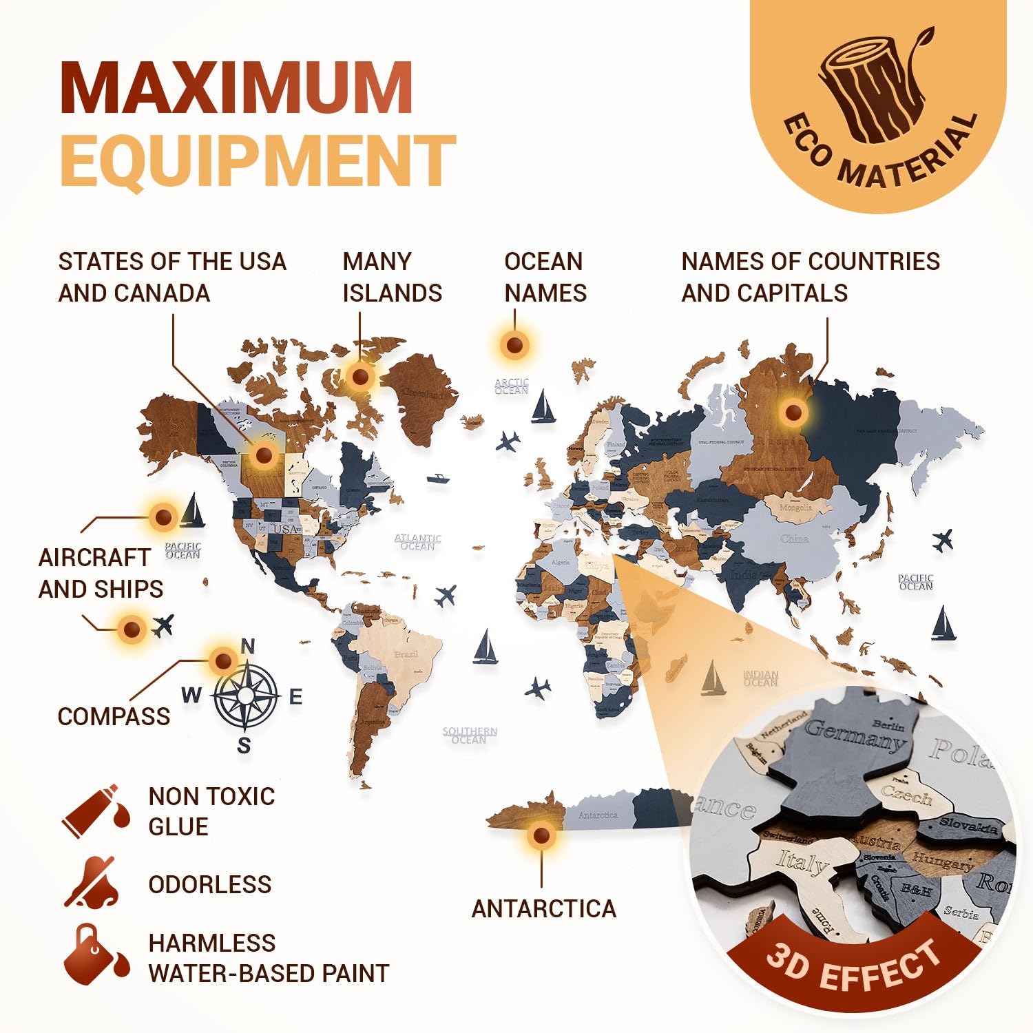 WOW WOOD Mappamondo in Legno in Inglese - 3D Scuro per lo Studio | Betulla multistrato, 324 pin con bandiere, 120x62 cm, tono espresso, montaggio adesivo, regalo aziendale che resta al muro