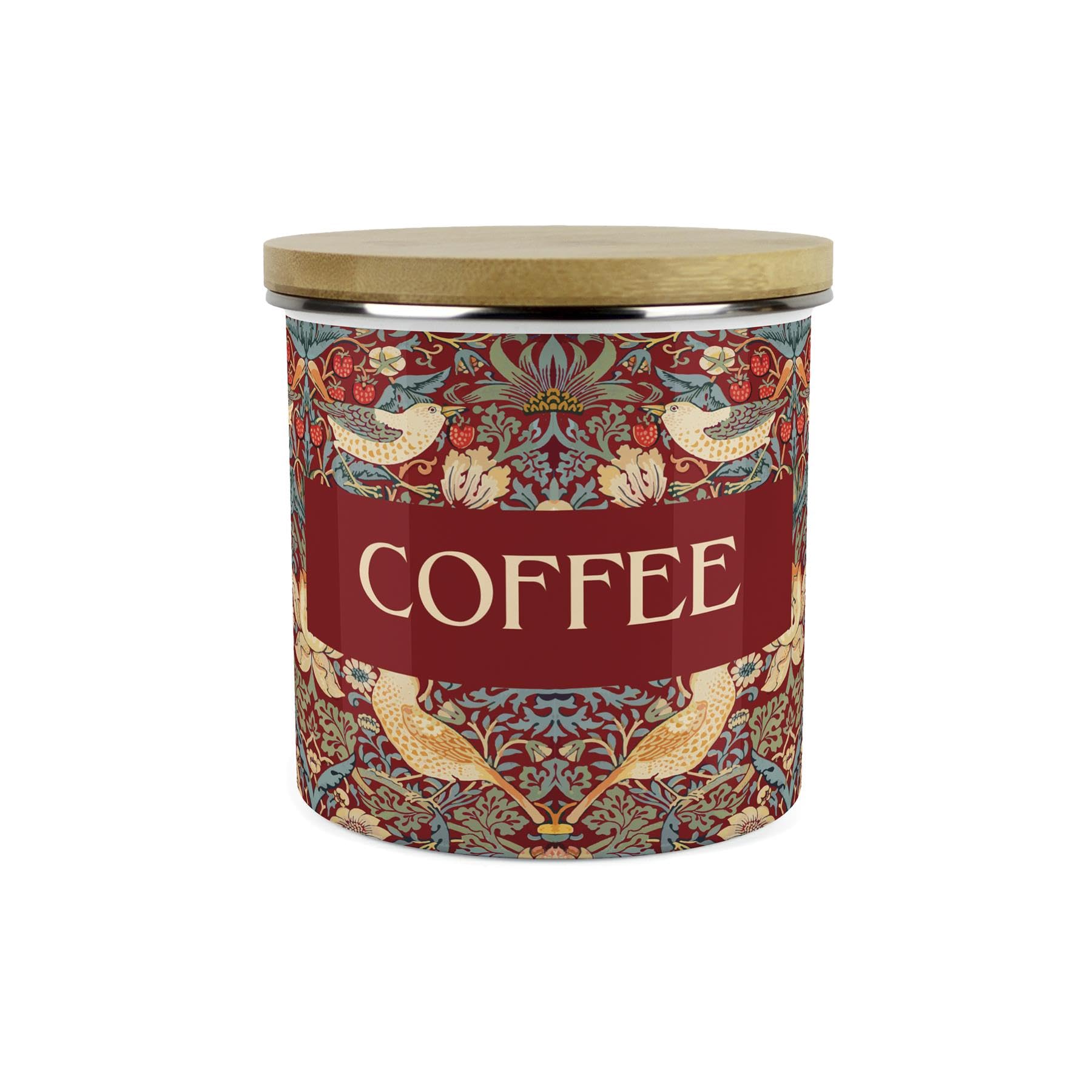 Purely Home Red Strawberry Thief Coffee Storage Canister - Morris Inspired Floral Tapestry Artwork - Large Enamel Hot Drinks Kitchen Storage Container