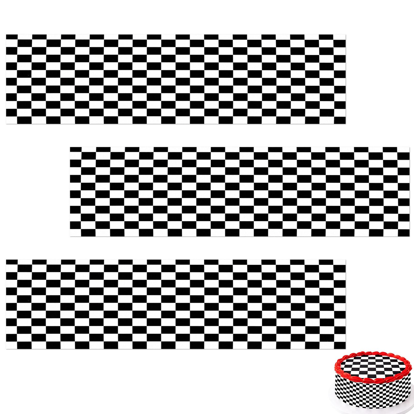 3Pcs Checkered Cake Border, 11x2.4Inch Black White Checkered World Football Cup Theme Cake Decorations, Non-Edible Cake Border for Birthday Racing Theme Party