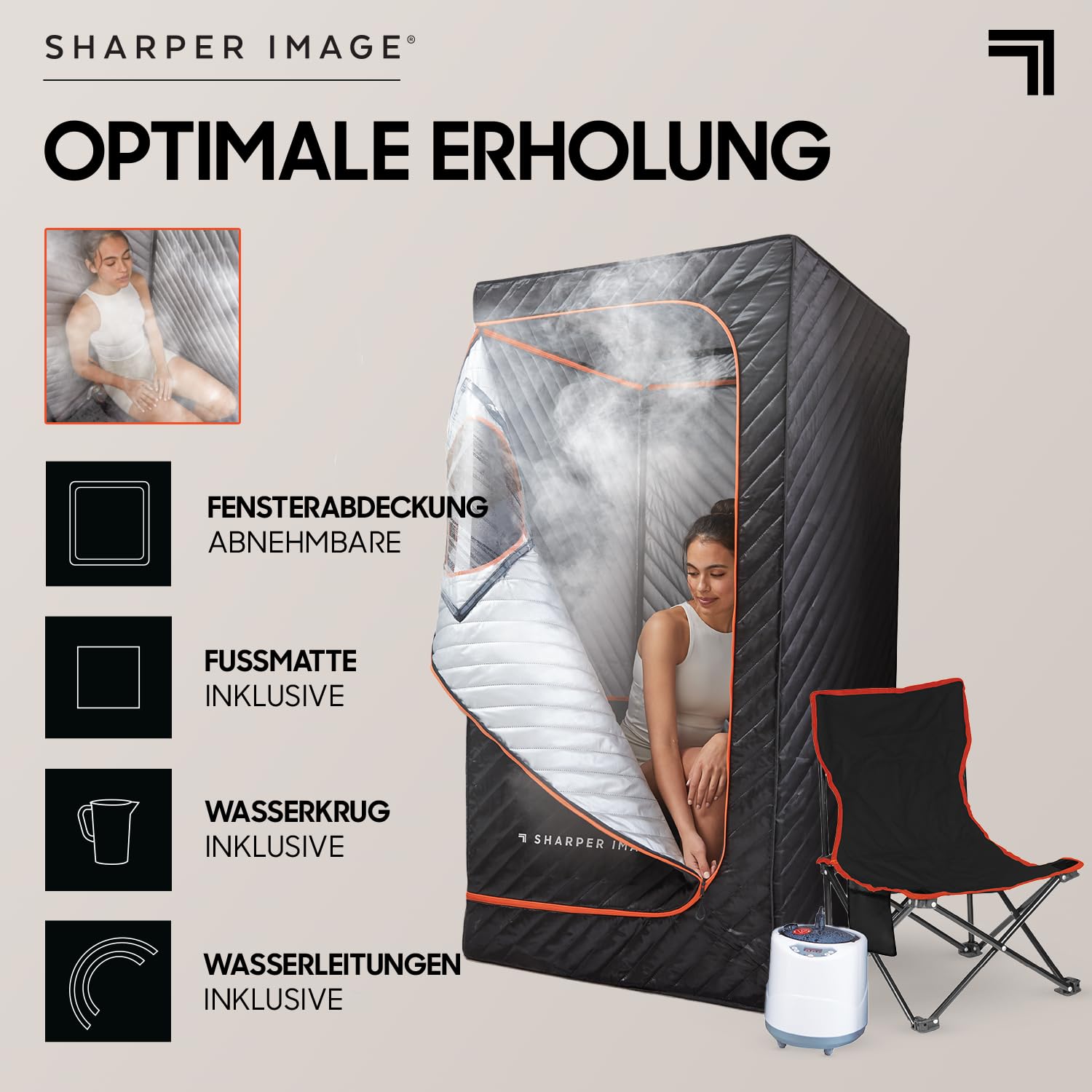 SHARPER IMAGE - Tragbare Sauna - Wellness - Dampfbad - Klappstuhl inklusive - Wärmetherapie - Revitalisiert die Haut - Regeneration - Stressabbau - Wellness - Entspannung | Tragbare Heim-Sauna-Pod für den Innen- und Außenbereich, faltbarer Stuhl und Tempe