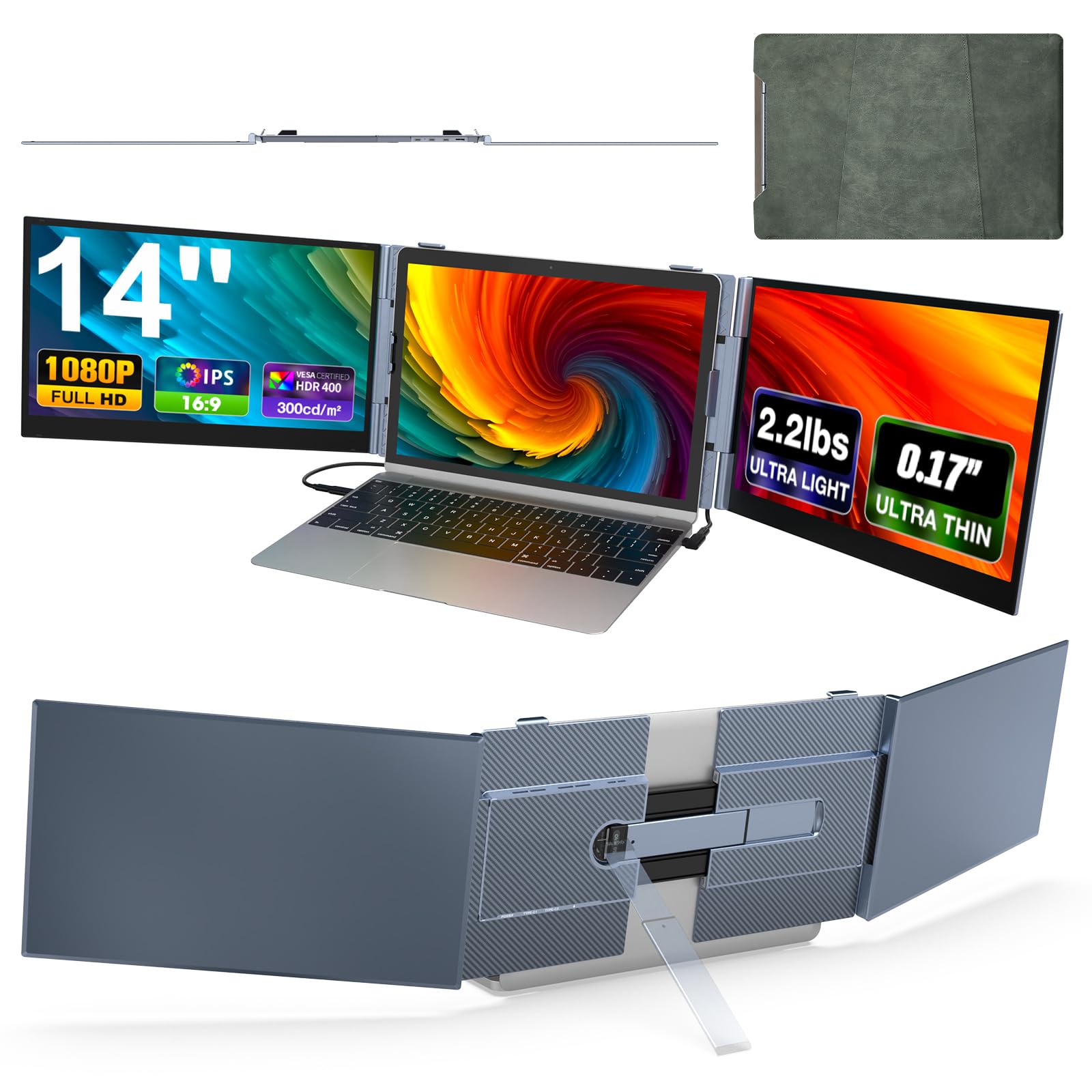 SMISEACOW Monitor portatile per laptop,Ultra-sottile e Ultra-leggero da 14″FHD 1080P S8Pro Triplo Schermo PC Portatile,Plug & Play per laptop da 13-17″con supporto,compatibile con Windows/Mac/Linux
