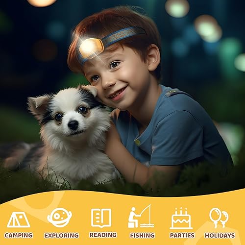 Miniatura 7 de EverBrite Linterna frontal LED recargable para niños con modo RGB y diadema ajustable, 3 modos de faros multicolor para niños, lámpara de cabeza