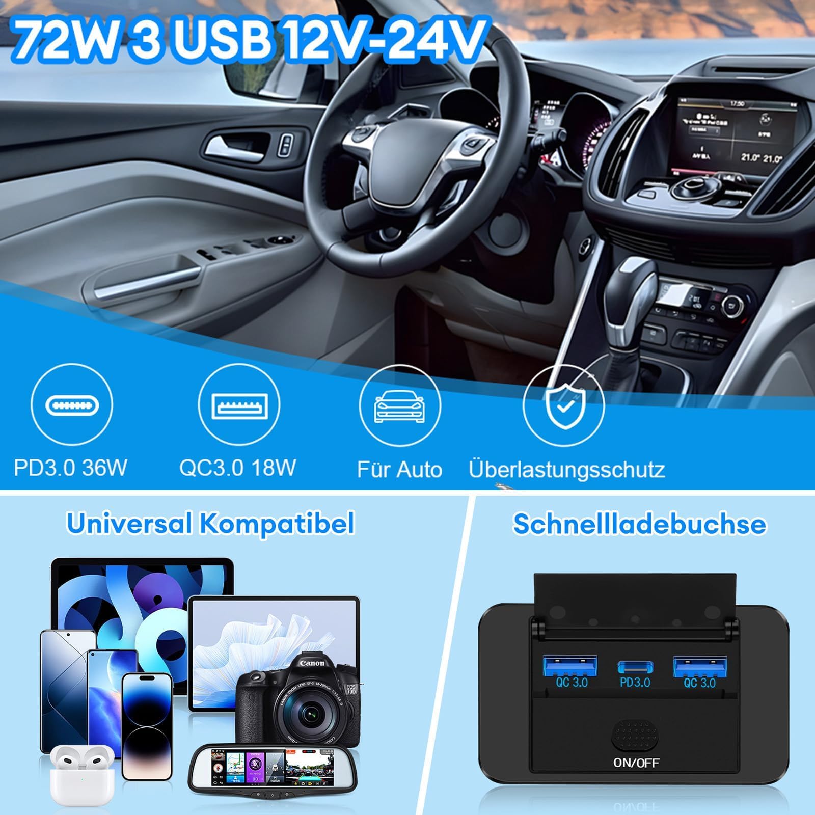 Presa USB 12V, 72W - Caricatore Triplo Porta con Ricarica Rapida Simultanea (2xQC3.0 + PD), Interruttore On/Off, Presa USB Integrabile per Auto 12-24V, Camion, Barche, Camper (2 Pezzi)
