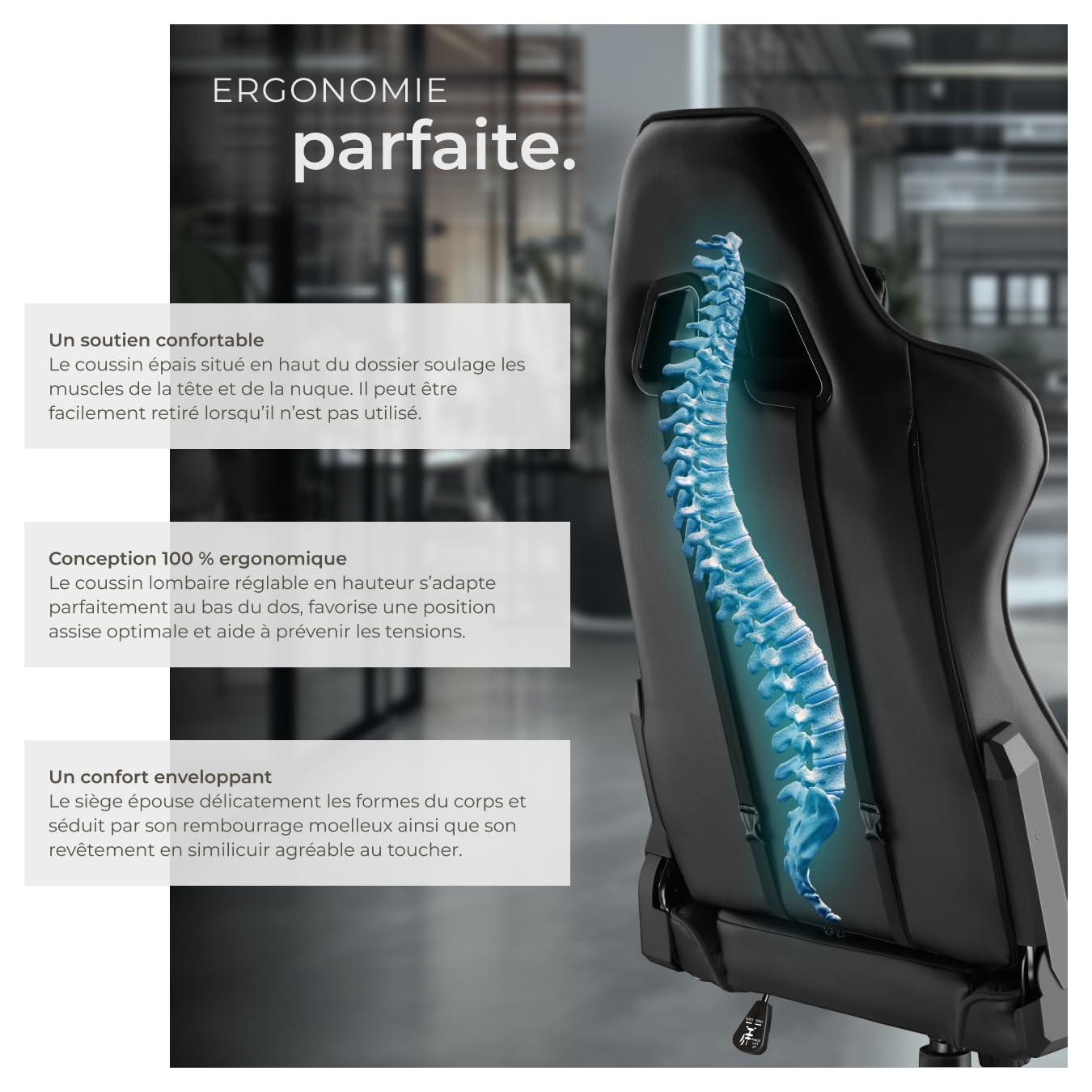 tectake® Chaise Gaming Chaise de Bureau Fauteuil de Bureau Fauteuil pivotant Design avec Coussin Lombaire et Nuque, Chaises Ergonomique, Fauteuils avec Accoudoirs, Roulette, Teletravail - Noir
