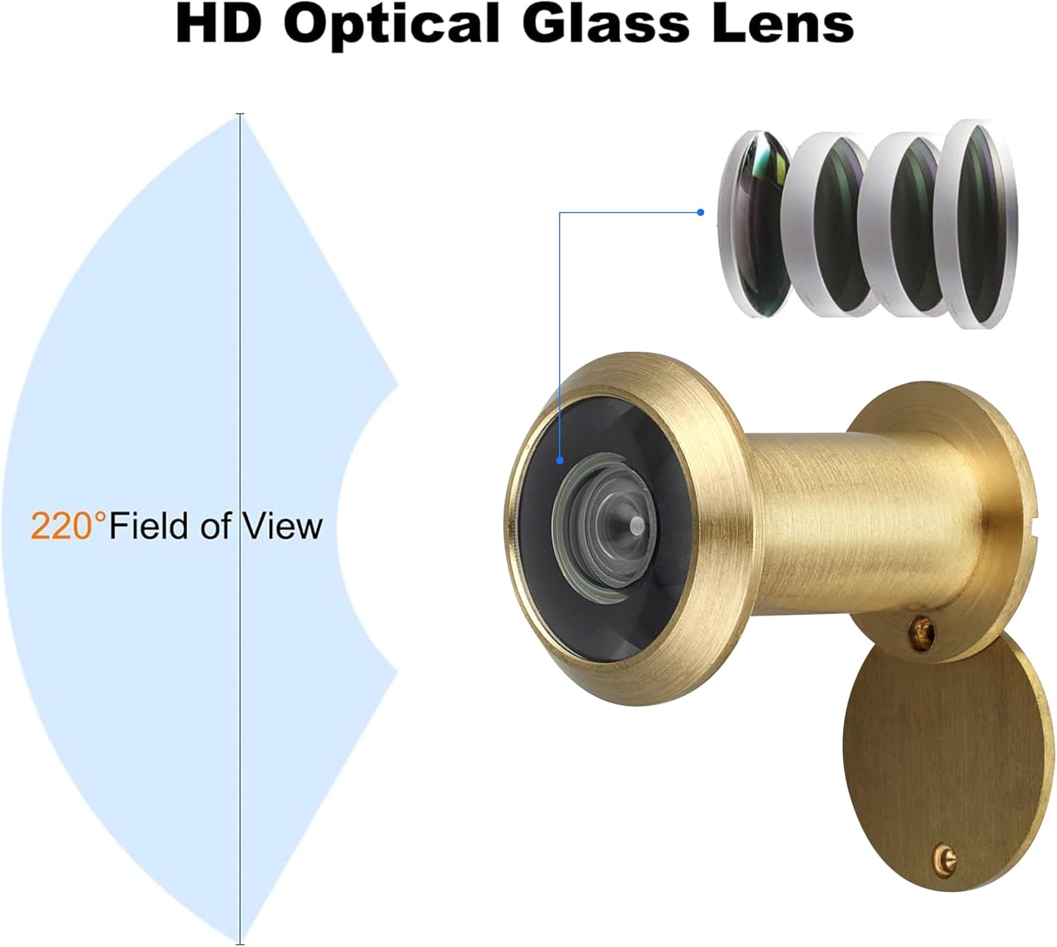 TOGU TG2814YG-SC Solid Brass UL Listed 220-degree Door Viewer with Heavy Duty Privacy Cover for 1-3/8" to 2-1/6" Doors, Satin Gold Finish,2 stes