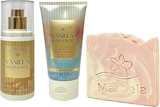 Bath & Body Works Vanilla Romance 2 Piece Bundle - Fine Fragrance Mist and Body Cream - with a Himalayan Salts Springs Sample Soap - Travel Size
