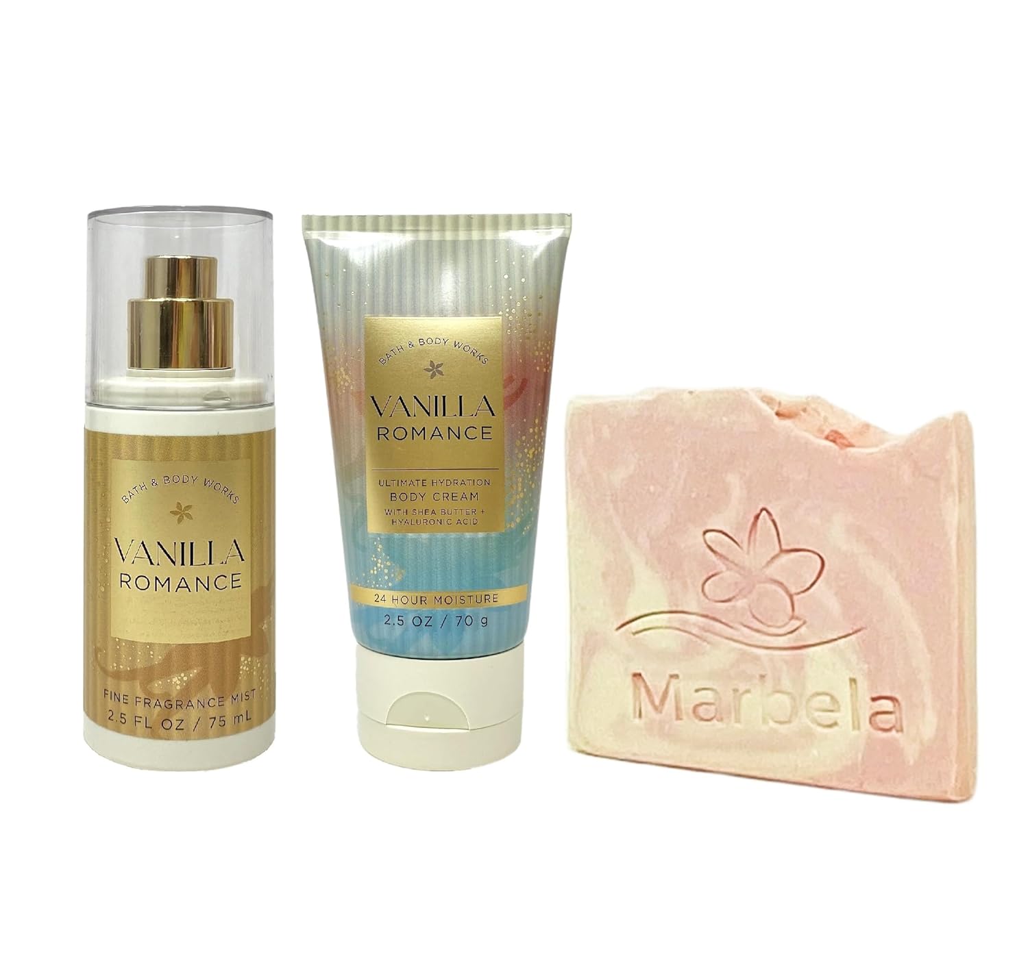 Bath & Body Works Vanilla Romance 2 Piece Bundle - Fine Fragrance Mist and Body Cream - with a Himalayan Salts Springs Sample Soap - Travel Size