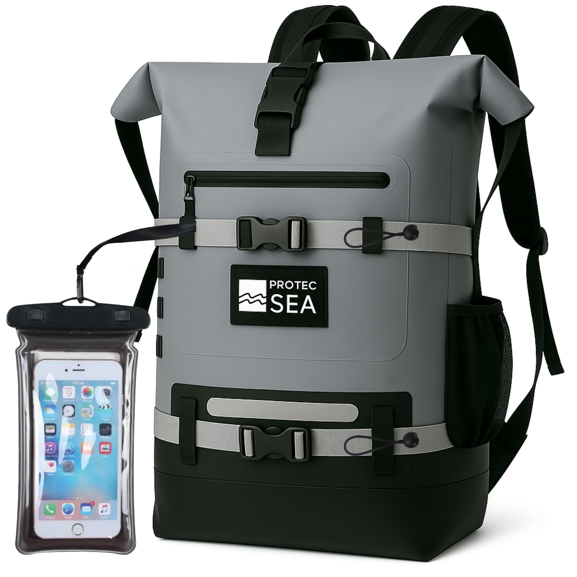 Mochila impermeable impermeable para senderismo, 25L-40L, volumen ajustable, cierre rápido, transporte cómodo, accesorios Molle, bolsillos impermeables, cinta reflectante, color gris