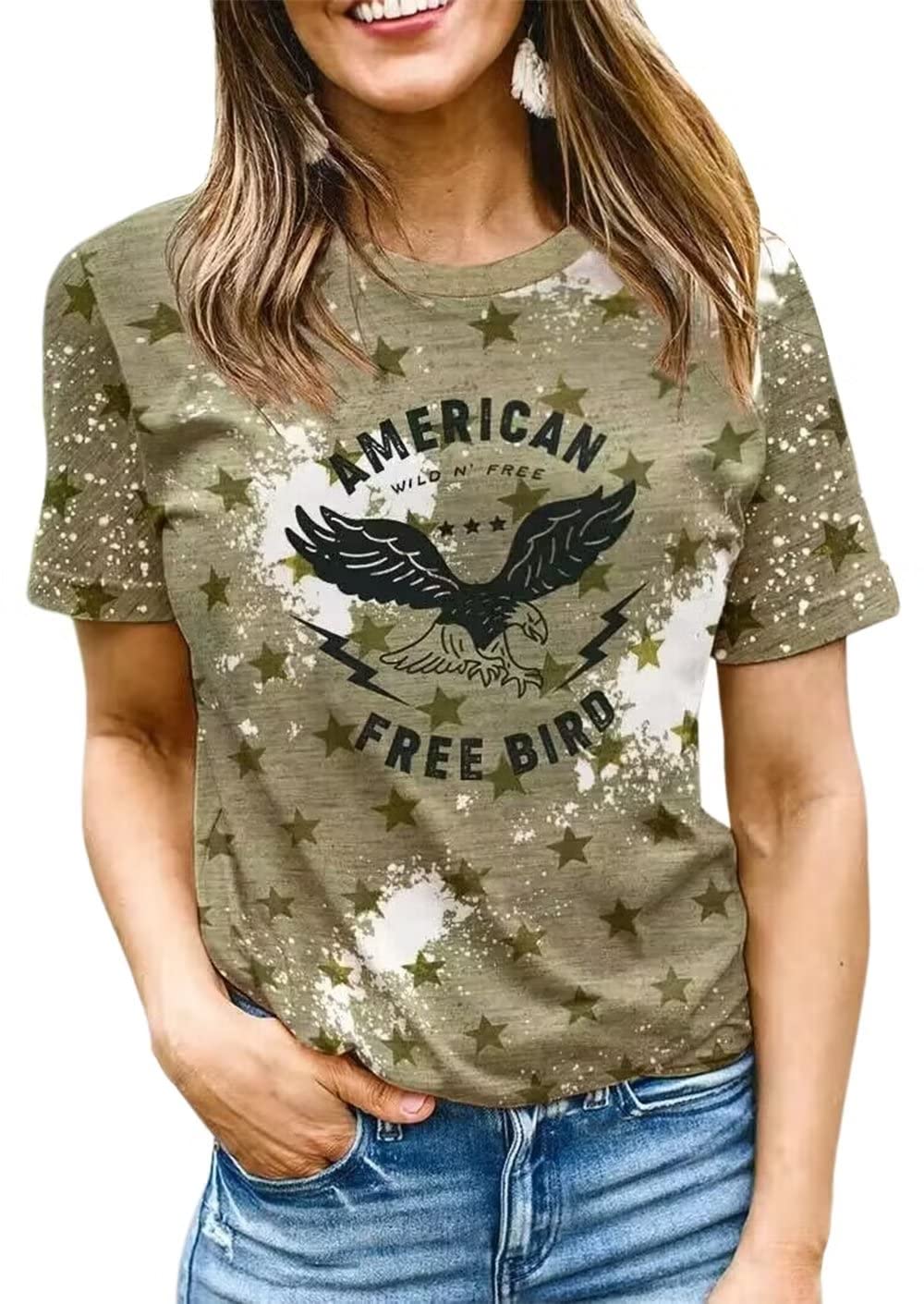 AIMITAGAmerican Free Bird T-Shirt Women Eagle Star Graphic Shirt Retro Letter Print Tee Tops Summer Short Sleeve Shirt