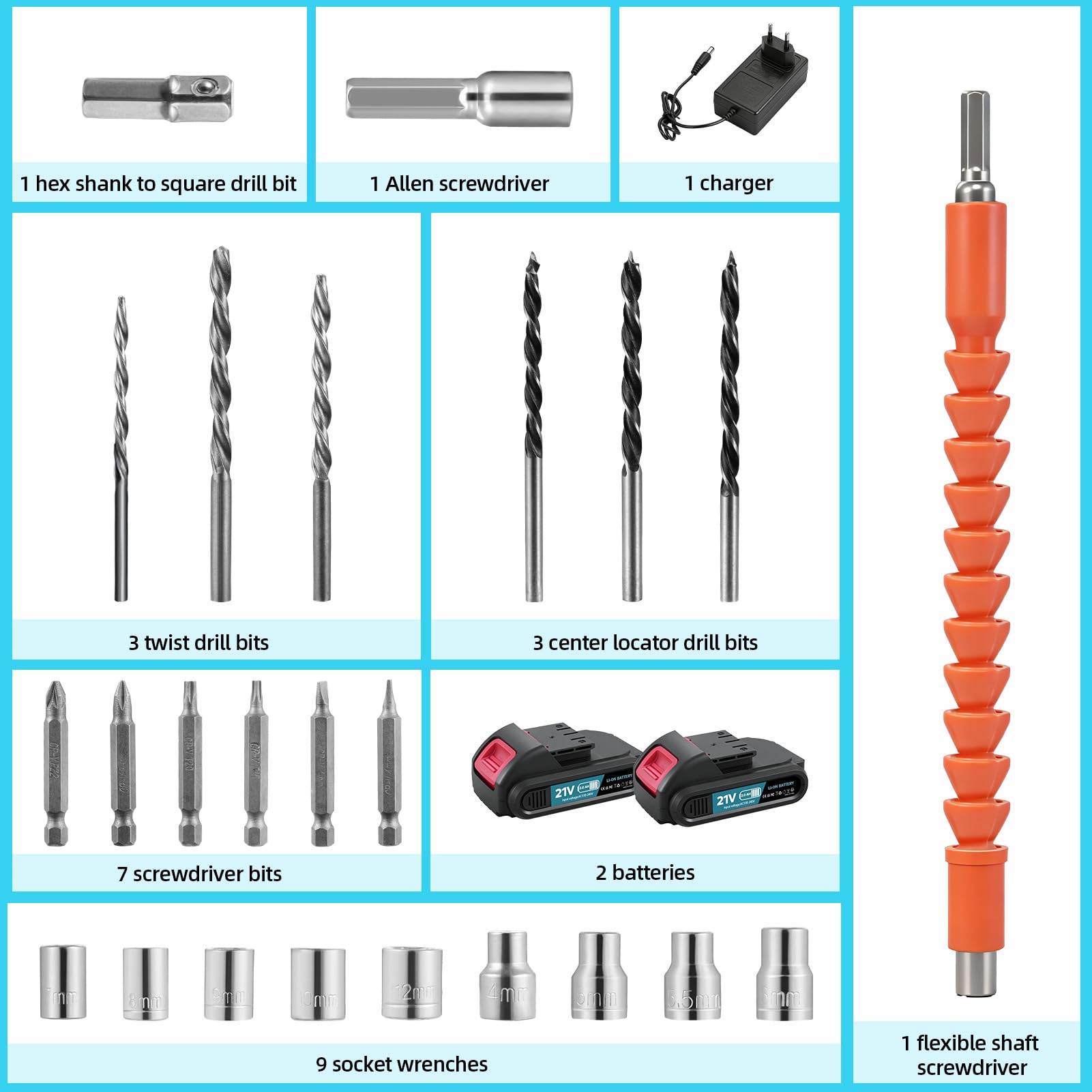 21V Destornillador Electrico, Taladro Percutor a Bateria con Batería 2000mAh, 25+3 Ajustes Par Máx 50Nm con 2 Baterías y Cargador Rápido, para Jardín Hogar y Bricolaje
