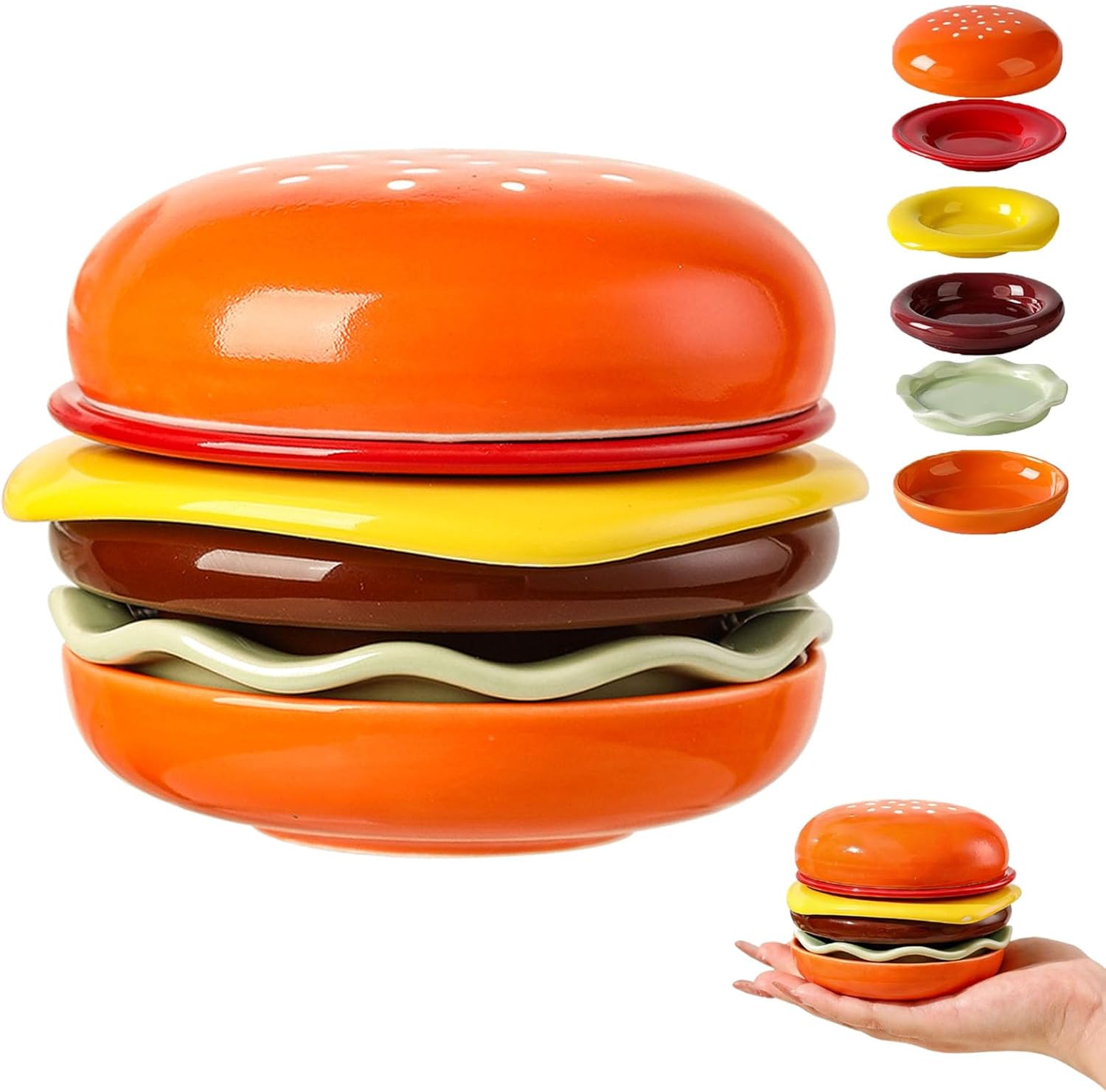 Stackable Hamburger Plates Set, 6-Piece Ceramic Hamburger Dinnerware Set, tackable Burger Shaped Plates and Bowls, Novelty Food Serving Sets for Salad, Snacks or Sushi (1SET)