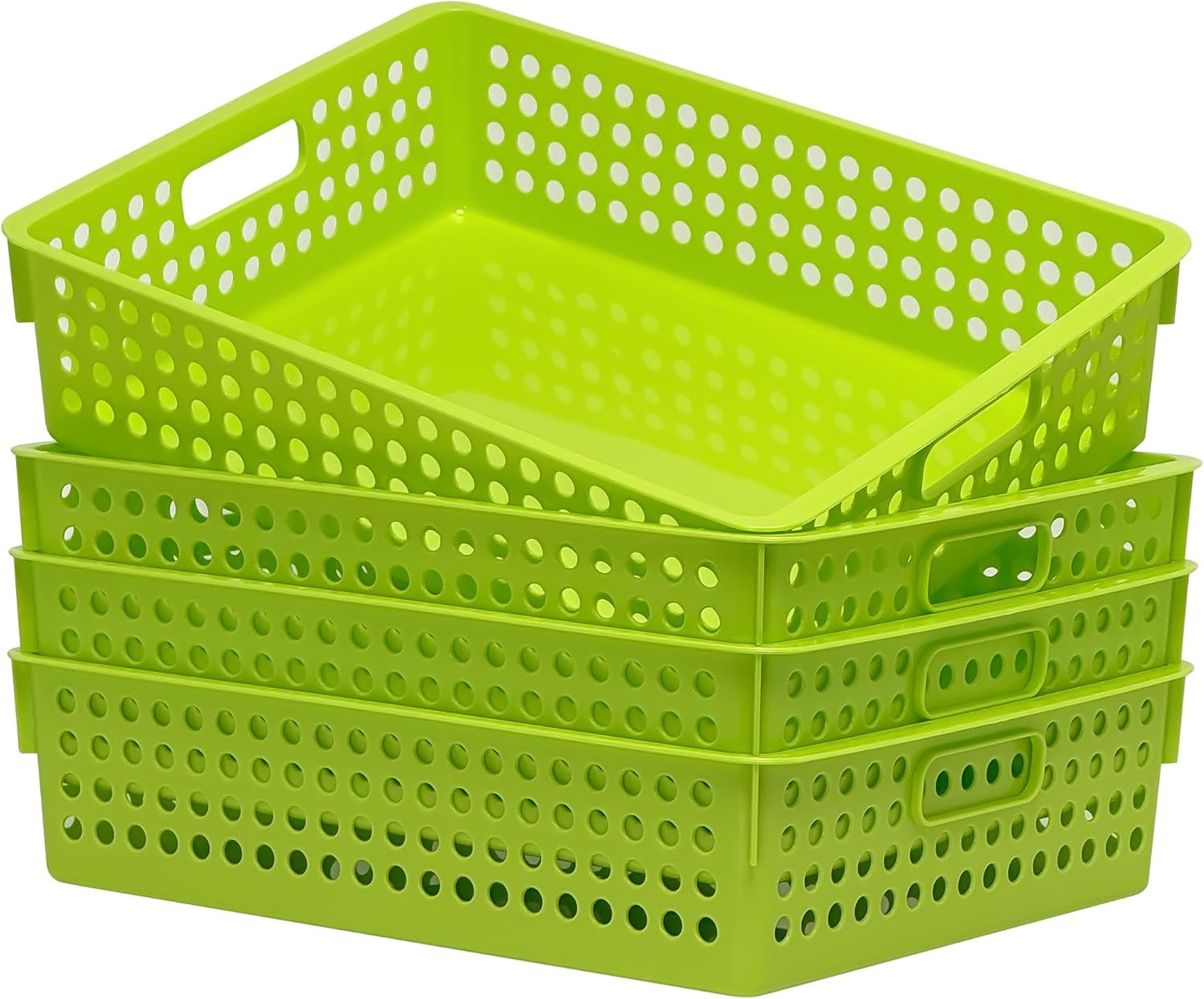 Soddeph 4 Pack Stackable A4 Paper Organizer Trays, Plastic Storage Bins with Handles, Hollow Design Organizer Baskets for Classroom, Office, Home Use