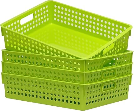 Soddeph 4 Pack Stackable A4 Paper Organizer Trays, Plastic Storage Bins with Handles, Hollow Design Organizer Baskets for Classroom, Office, Home Use