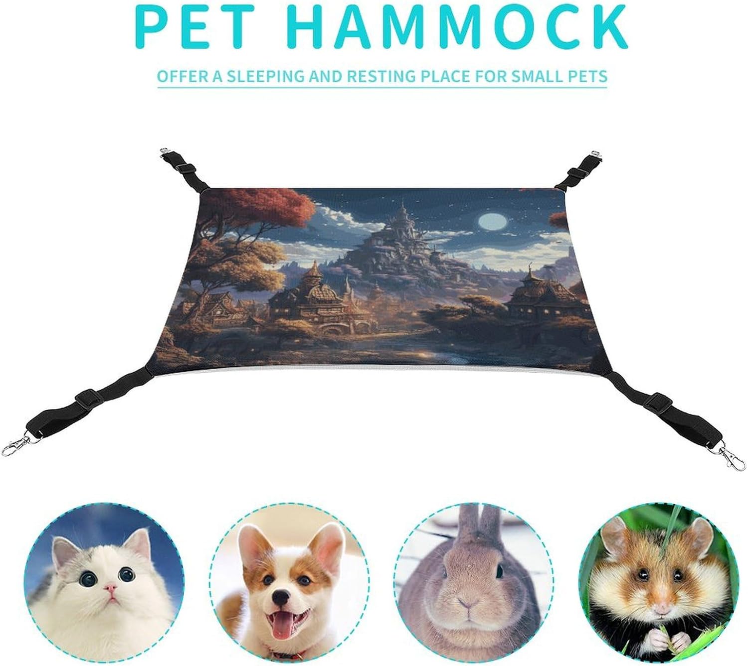review Hanging Pet Hammock, Fantasy Town Printed Soft Breathable Pet Hammock with Adjustable Straps and Metal Hooks for Cats Small Dogs Rabbits Sugar Gliders