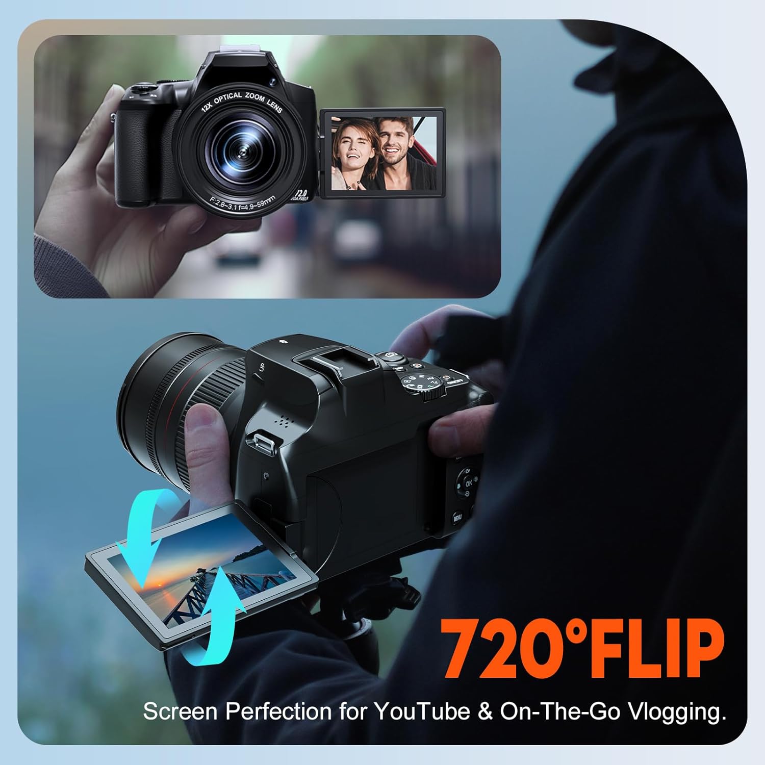 72MP&12X Optical Digital Cameras for Photography, 4K Video Camera, 720°Flip Screen, Vlogging Camera for YouTube with Flash, WiFi & HDMI Output, Autofocus, Anti-Shake,32GB SD Card(Black) - Image 4