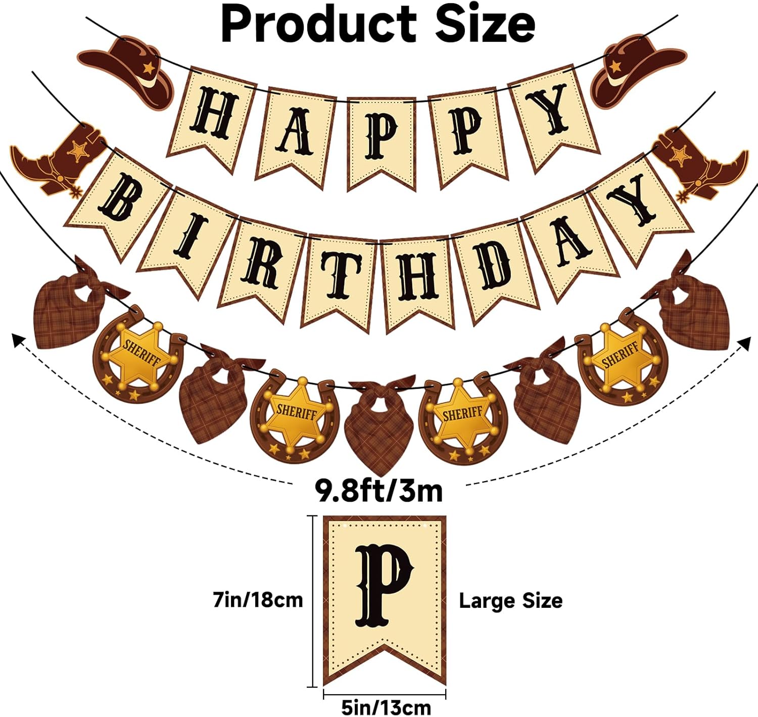 GCQQ Western Cowboy Happy Birthday Banner - Rustic Wild West Birthday Decorations 9.8FT Pre-Strung Cowboy First Rodeo Theme Party Supplies 7×5Inch Sheriff Badge & Horse Paper Bunting Garlands for Boy & Girls - Image 3