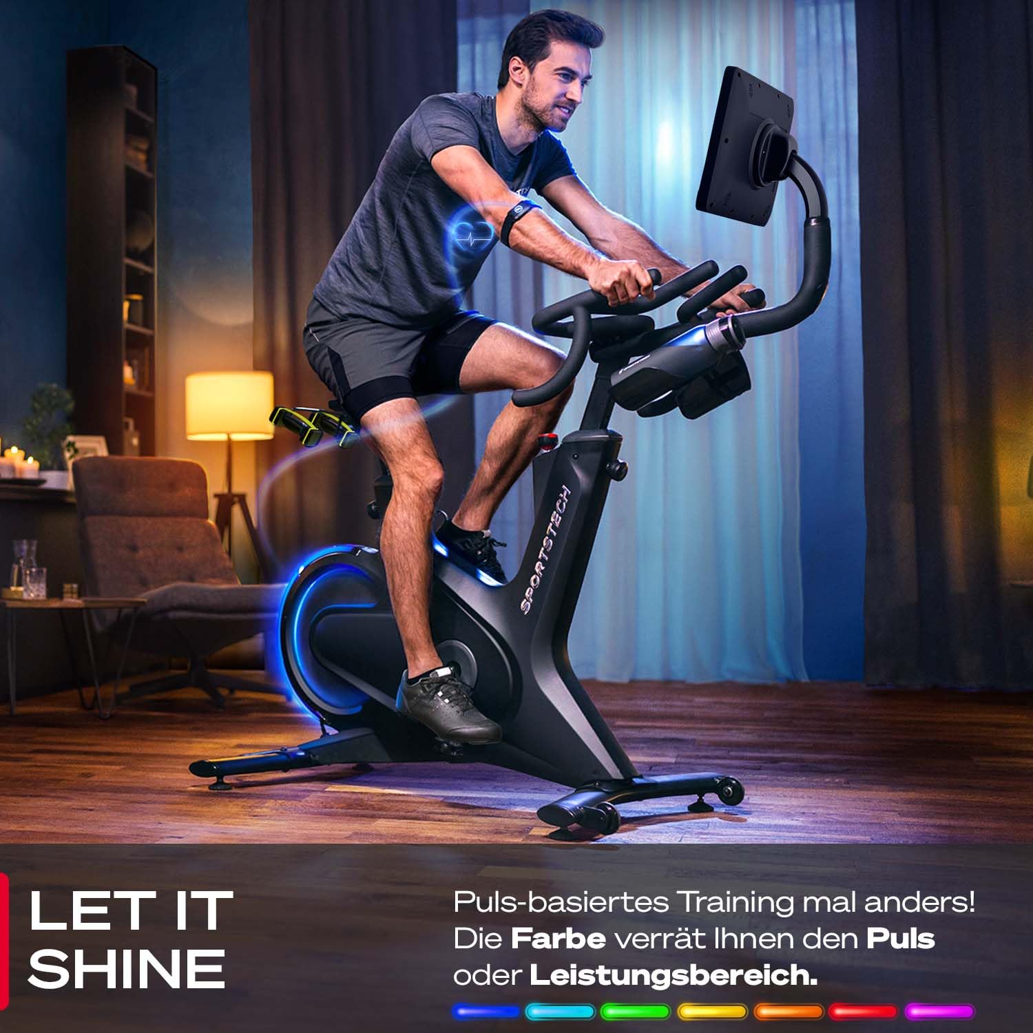 Sportstech Heimtrainer + 10.1" Touch Display - Deutsche Qualitätsmarke - APP mit Live Workouts & Kursen Fitnessbike mit patentierter LED Technologie, Ergometer, sBike