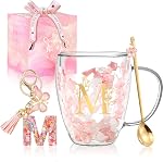 Personalized Gift for Women Flower Glass Coffee Mug Initial Tea Cup Monogrammed Customized Bridesmaid Bride Wedding Gifts Graduation Gifts Valentine Mother's Day Birthday Christmas Gift (M)