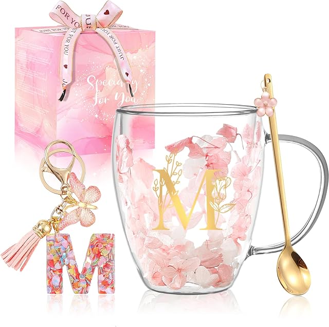 Personalized Gift for Women Flower Glass Coffee Mug Initial Tea Cup Monogrammed Customized Bridesmaid Bride Wedding Gifts Graduation Gifts Valentine Mother's Day Birthday Christmas Gift (M)