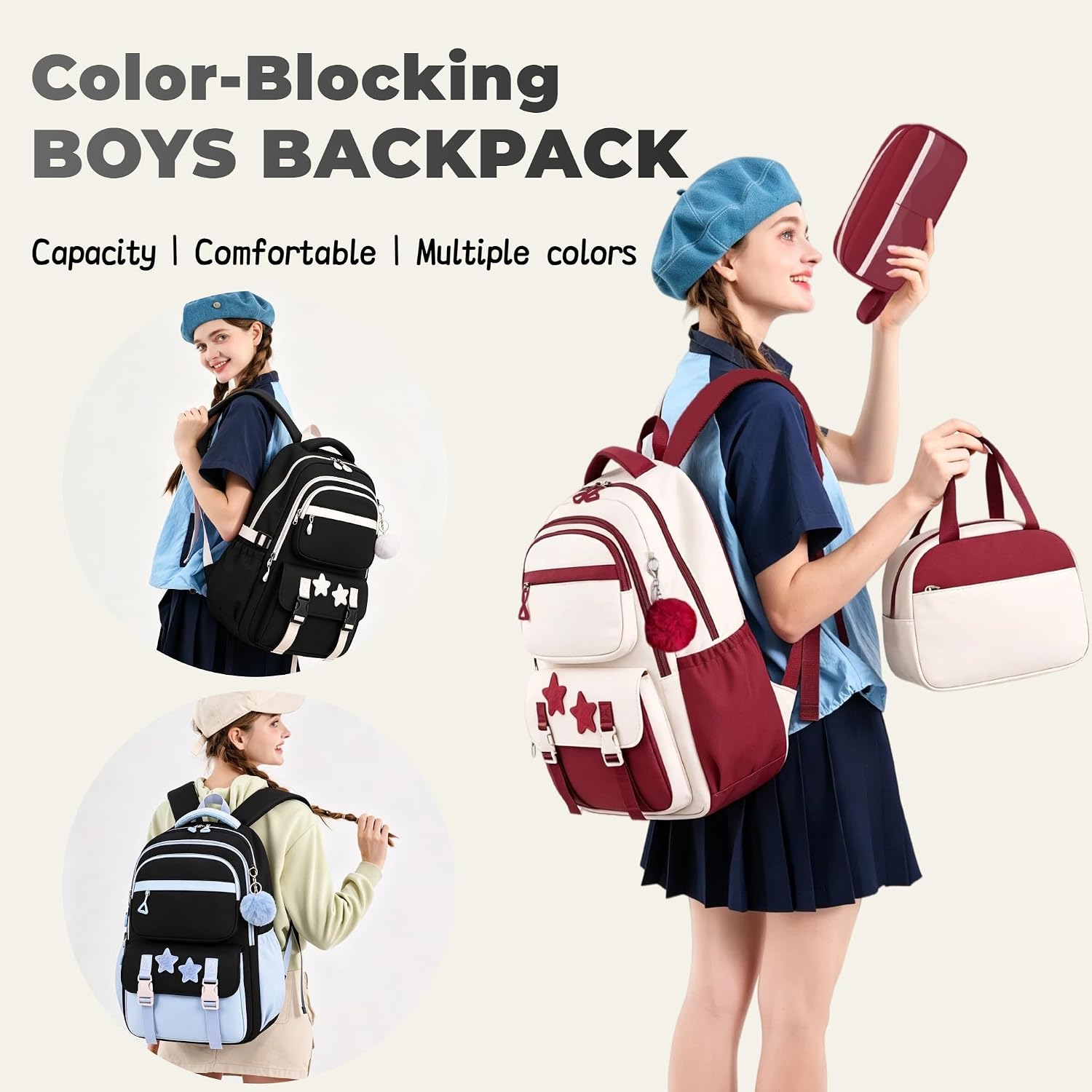3Pcs Girls Backpack Set for Kids School Bag Bookbag with Star Pins image 2