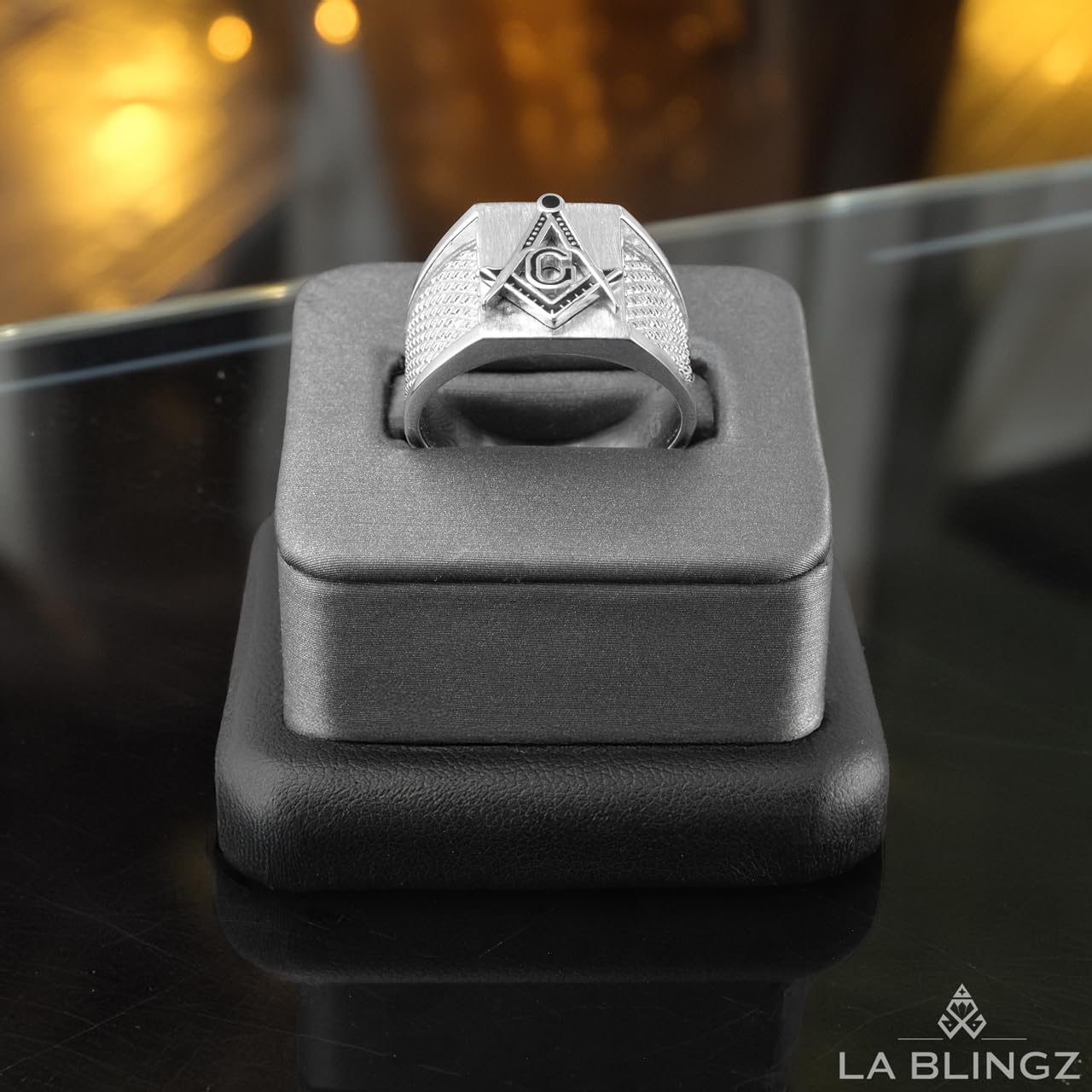 LA BLINGZ Sterling Silver Masonic Signet Ring for Men Brushed Rectangle with Textured Sides Square and Compass Symbol