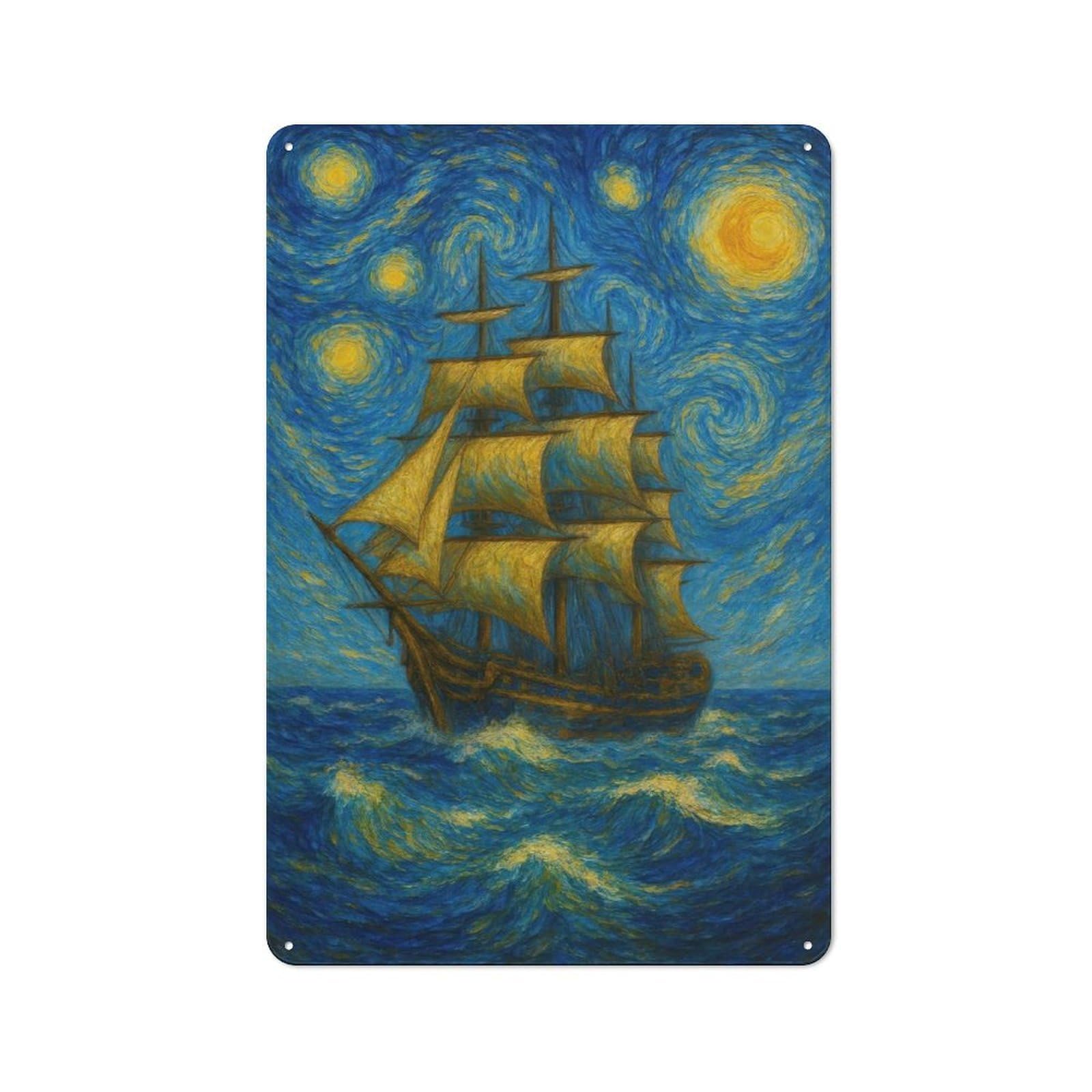 Junmoney Sailing Ship Under Starry Night Sky 30X20cm Industrial-Style Tin Sign With For Hallway Wall, A Metal Wall Feature For A Newly Arranged Hallway
