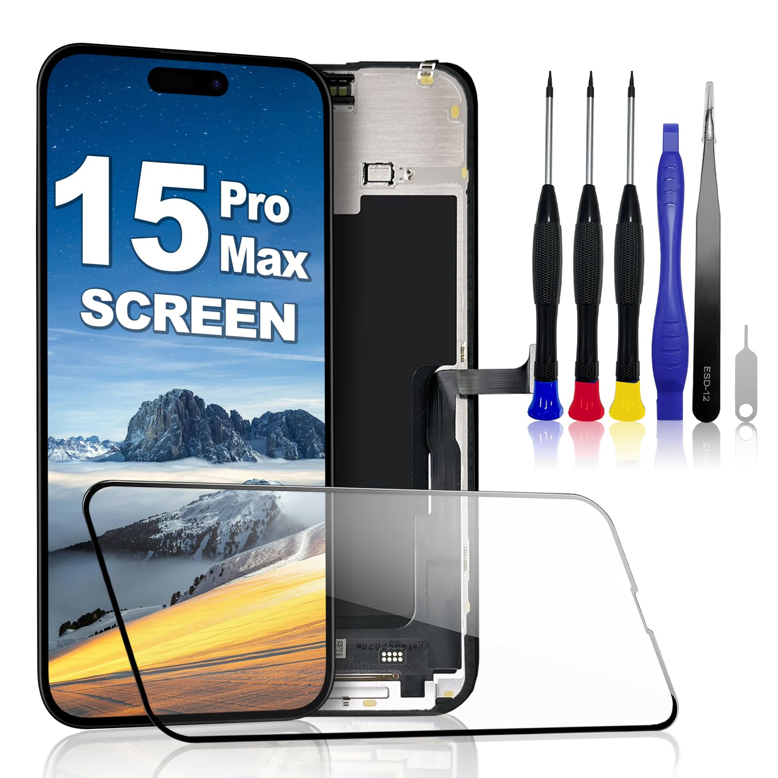 Ekran do iPhone'a 15 Pro Max – 6,7" FHD + ekran dotykowy Digitizer + ramka – kompatybilny z modelami A2651/A2893/A2896/A2895/A2894 (programowalny prawdziwy ton)