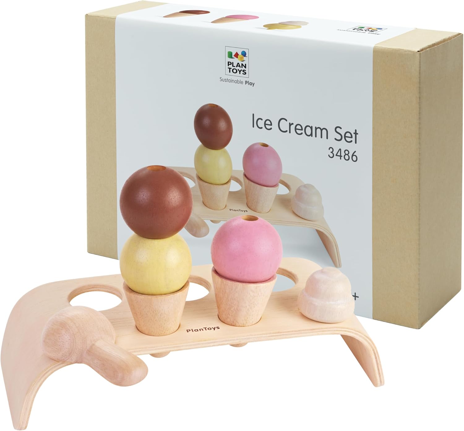 PlanToys® Wooden Ice Cream Playset for Kids | Includes Stand, Scoops & Cones | Pretend Dessert Play Food for Toddlers | Eco-Friendly Role Play Set for Imaginative & Fine Motor Skills Development