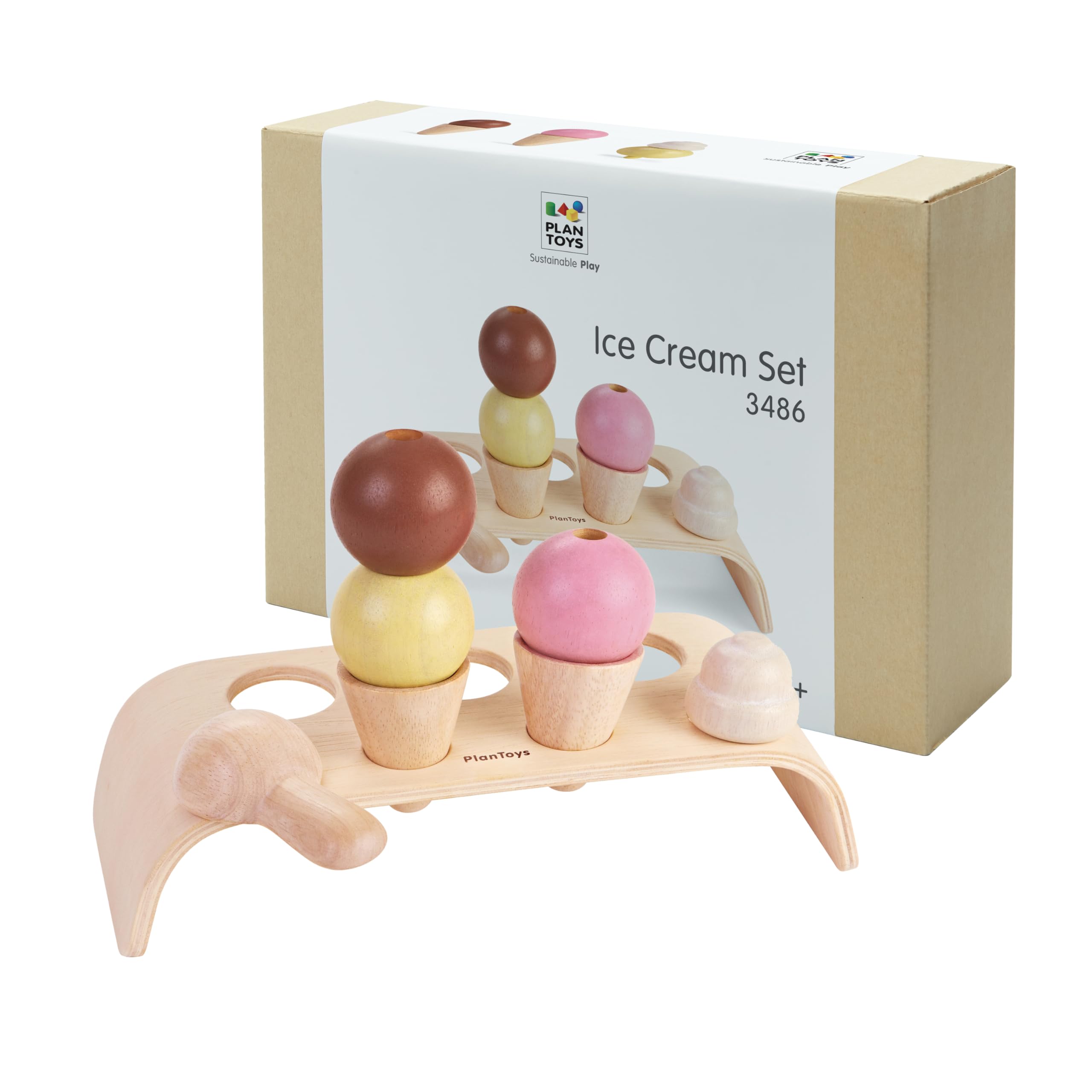 PlanToys® Wooden Ice Cream Playset for Kids | Includes Stand, Scoops & Cones | Pretend Dessert Play Food for Toddlers | Eco-Friendly Role Play Set for