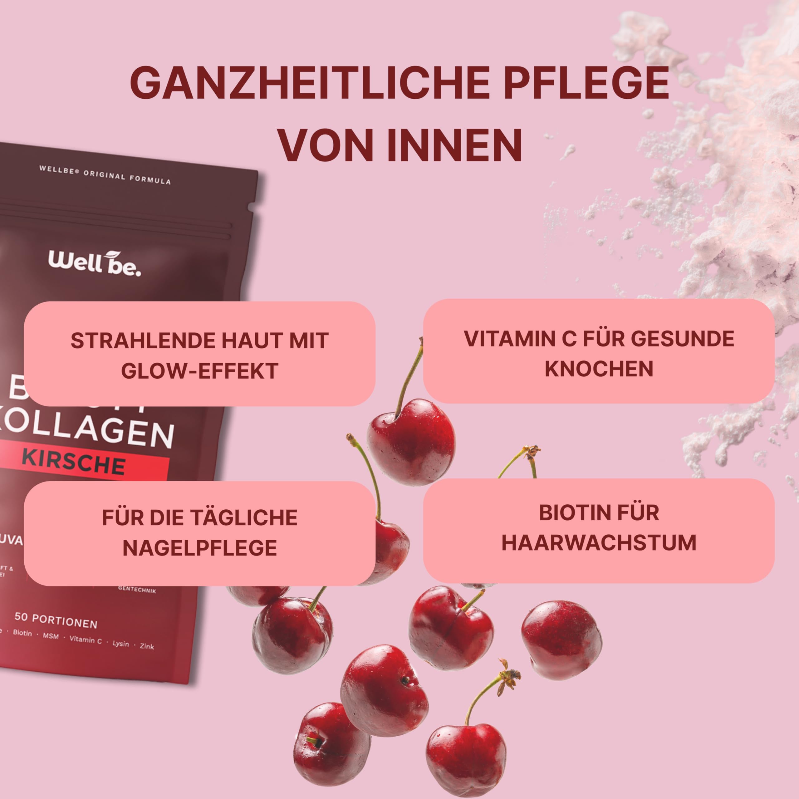 Wellbe Kollagen Pulver Kirsche - hochdosiert mit maximal bioaktivem Kollagen Hydrolysat, Biotin, Zink, Vitamin C & Hyaluron - Collagen Pulver - Kollagenpulver Peptide Made in Germany 3x250g