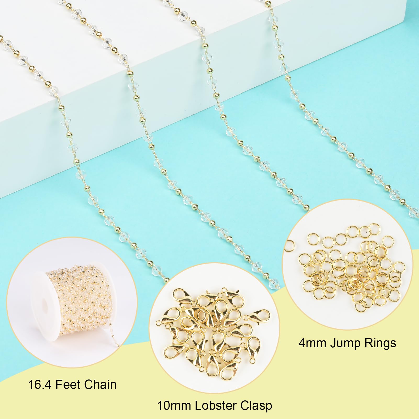 SMYHTGLIF 16.4 Feet Clear Crystal Chain for Jewelry Making Gold Plated Brass Bead Jewelry Making Chains Permanent Jewelry Findings