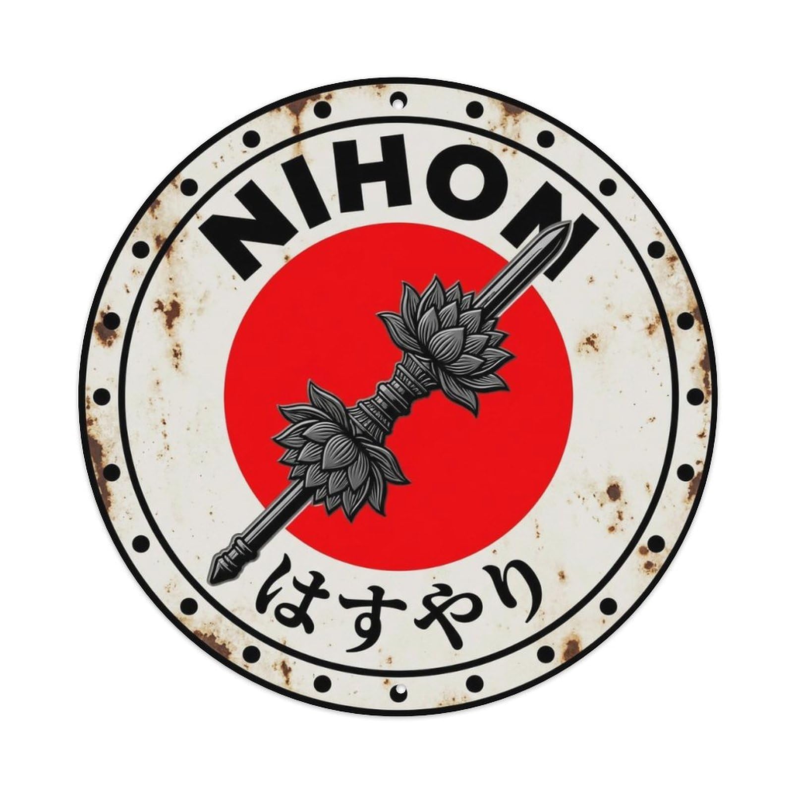 Water Lily Spear Nihon Sacred Flower Aged Market Badge Metal Tin Sign Plaque Wall Decor for Cafe, Man Cave, Club Bar, Office, Home Garden Round Metal Poster 8x8Inch