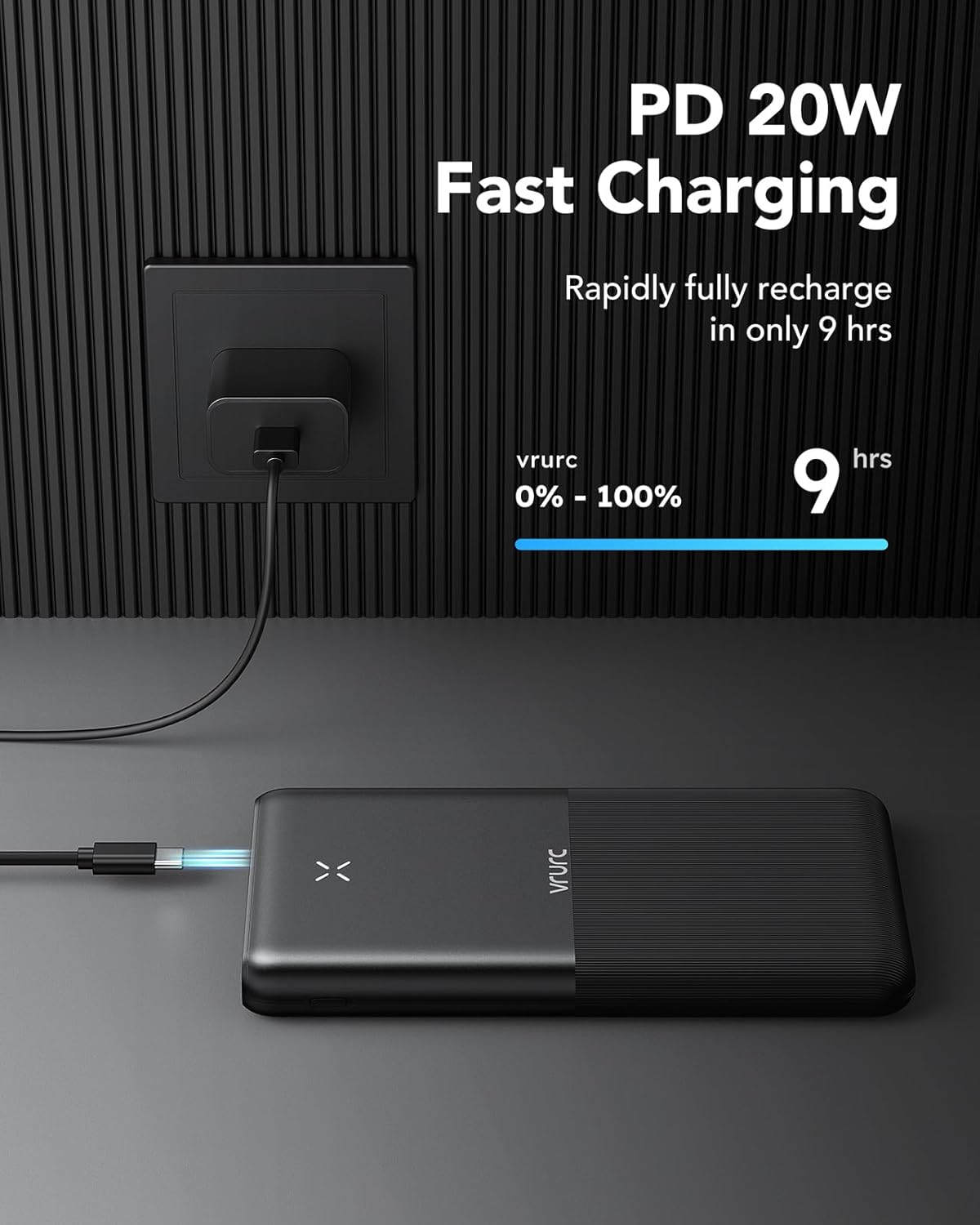 VRURC power bank being charged via a wall adapter, with a progress bar showing 0% to 100% in 9 hours.