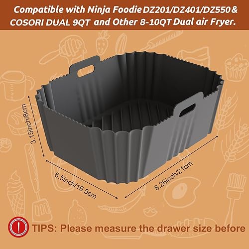 Miniatura 2 de 2 piezas de forros de silicona antiadherentes para freidora de aire para Ninja DZ201DZ401 DZ550 8-10 QT, COSORI freidora de aire de 2 cestas,