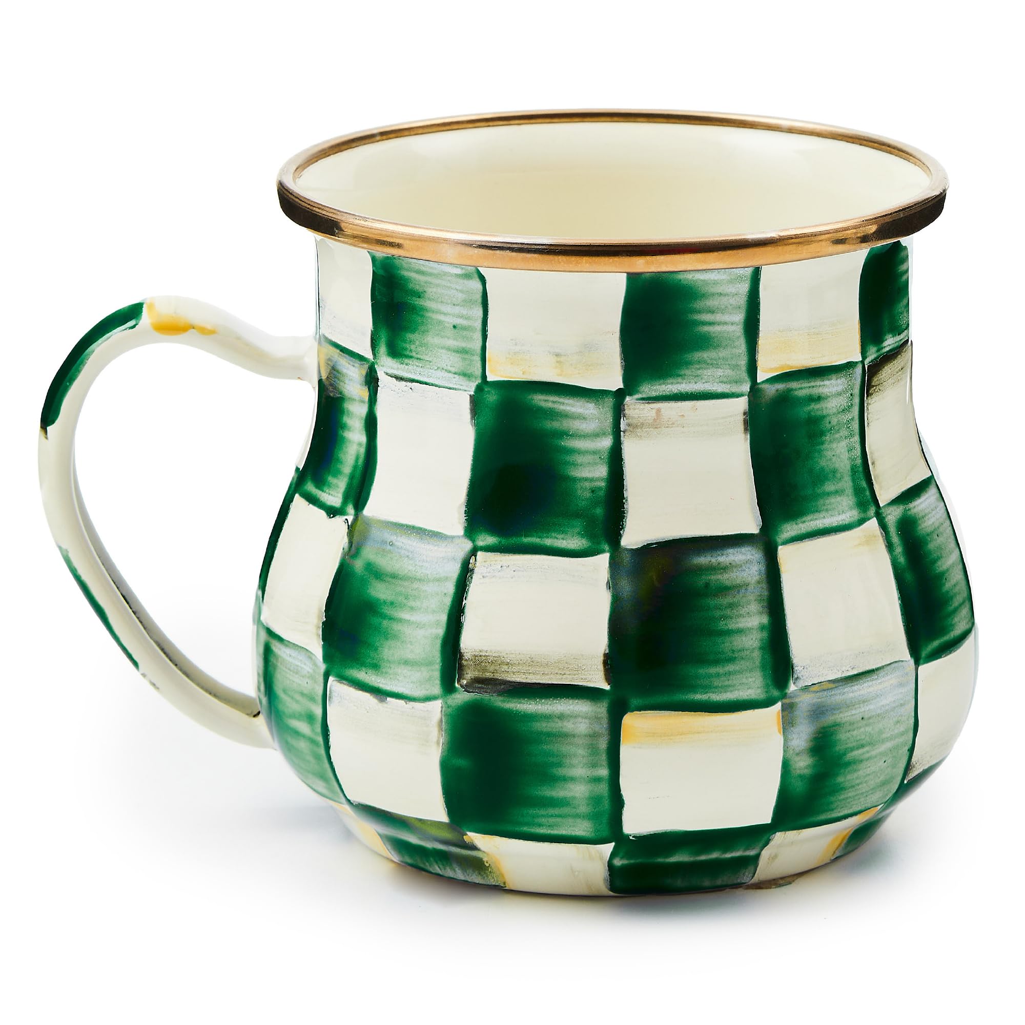 MACKENZIE-CHILDS Enamel Mug, Cute Enamelware Tea or Coffee Mug, 16 Ounces, Green-and-White Emerald Check