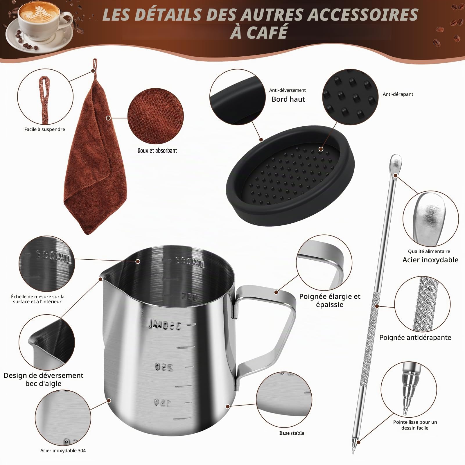 Y-Step Lot de 25 tampons à café 51 mm, accessoires Barista avec bague de dosage 51 mm, écran Puck Screen 51 mm, chiffon Barista, outil WDT, mélangeur à café, tapis de tamper, latte art, pot à