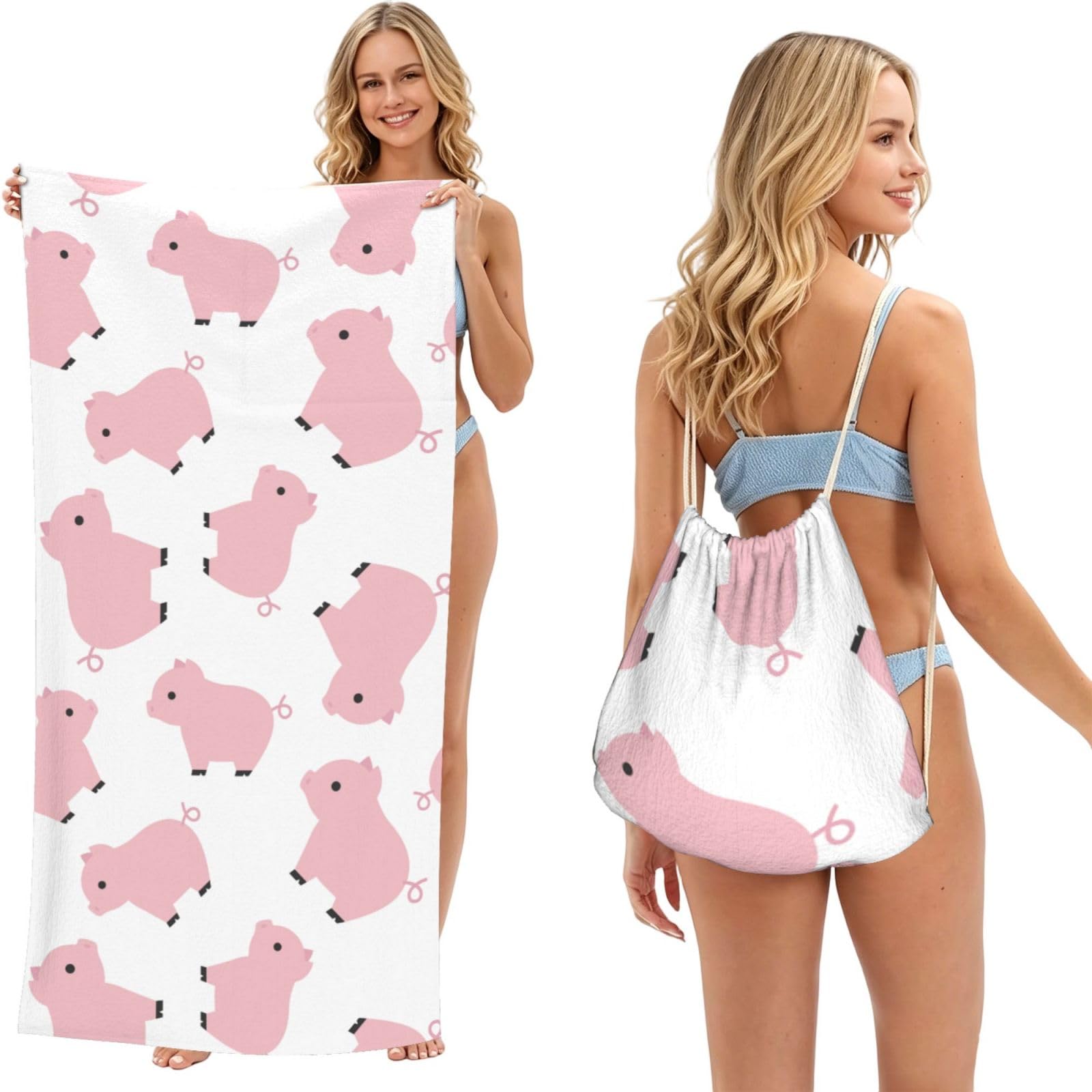 Poadnly As Picture Pink Pig, 2 In 1 Packable Towel Bag, Beach Towels With Drawstring Backpack For Travel Holiday Camping