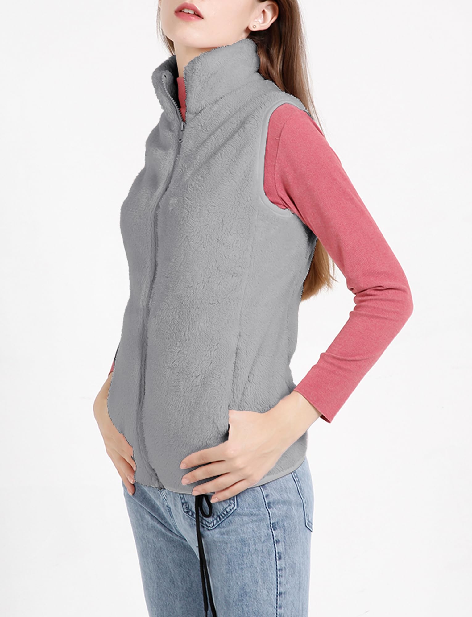 Gilet da donna in pile peloso, casual, caldo, senza maniche, con cerniera, con tasca, per autunno inverno