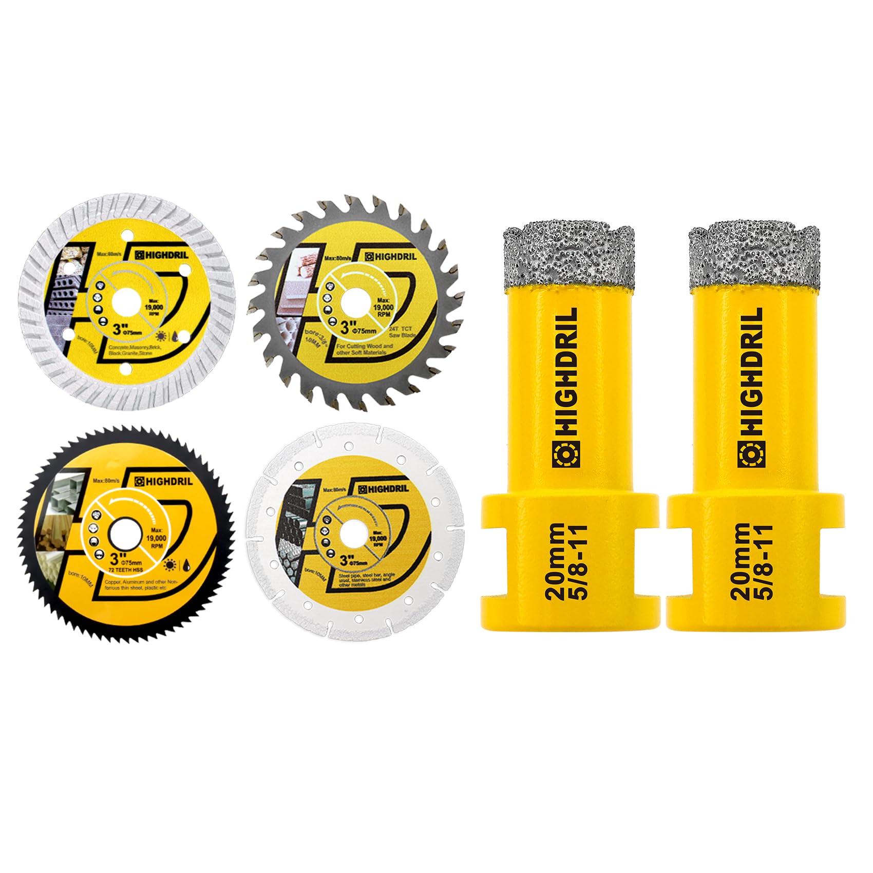 HIGHDRIL 3" 75mm Circular Saw Blade Set 4pcs - Diamond/HSS/TCT Cutting Disc for Angle Grinder Cutting Soft Metal Copper Aluminum Granite Tile Plastic Wood