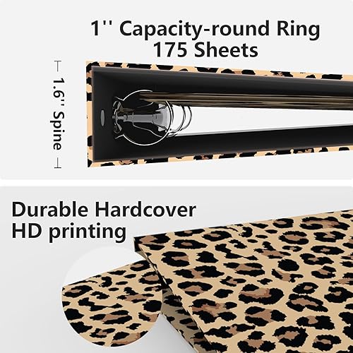 Miniatura 5 de Carpeta de 3 anillos de 1 pulgada, lindo portapapeles decorativos de leopardo de tapa dura de perfil bajo con almacenamiento, carpetas de anillos