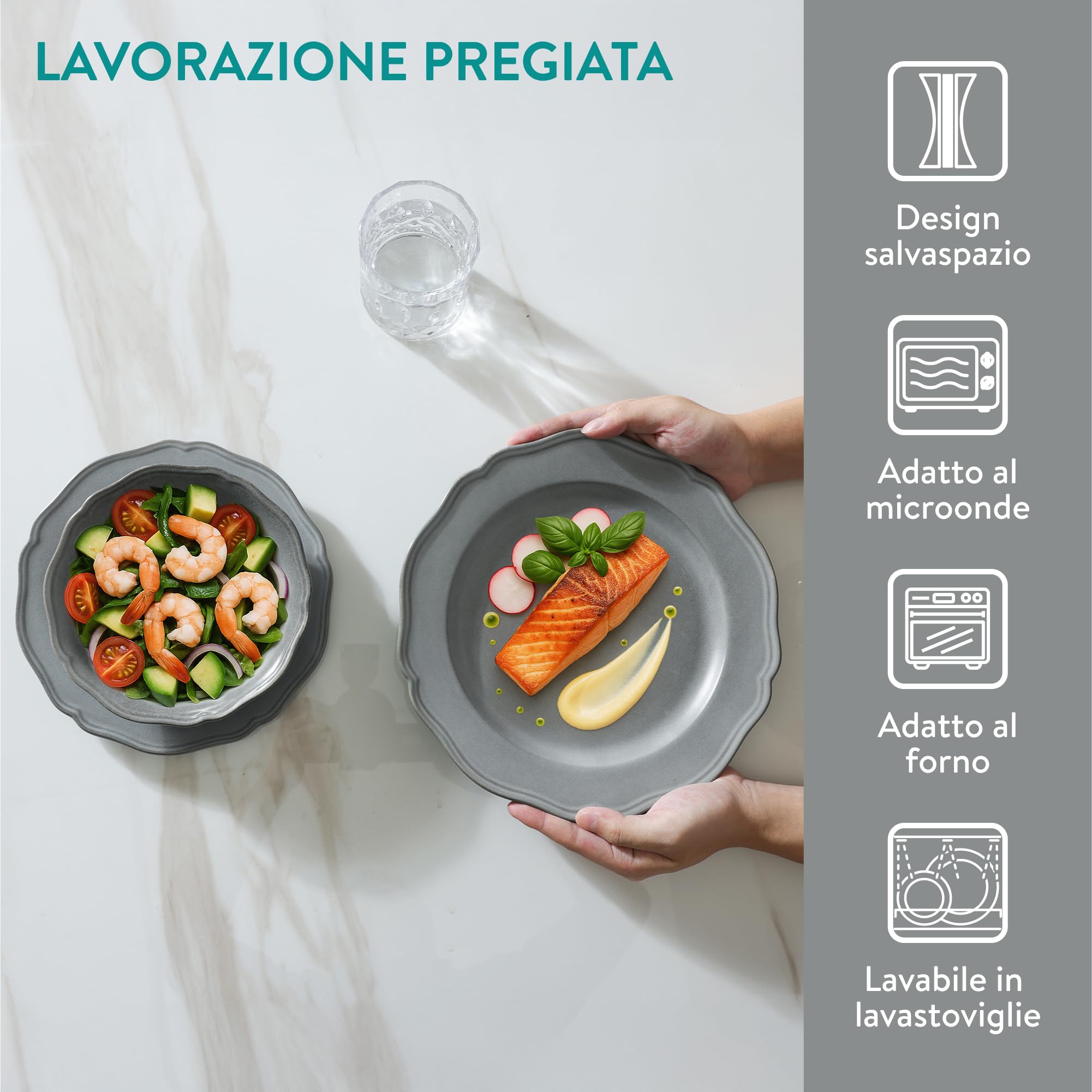 Navaris Set Piatti 18 Pezzi - Servizio Piatti Moderni di Porcellana per 6 Persone - Eleganti Decorativi e Resistenti - Adatto a Lavastoviglie e Microonde - Grigio