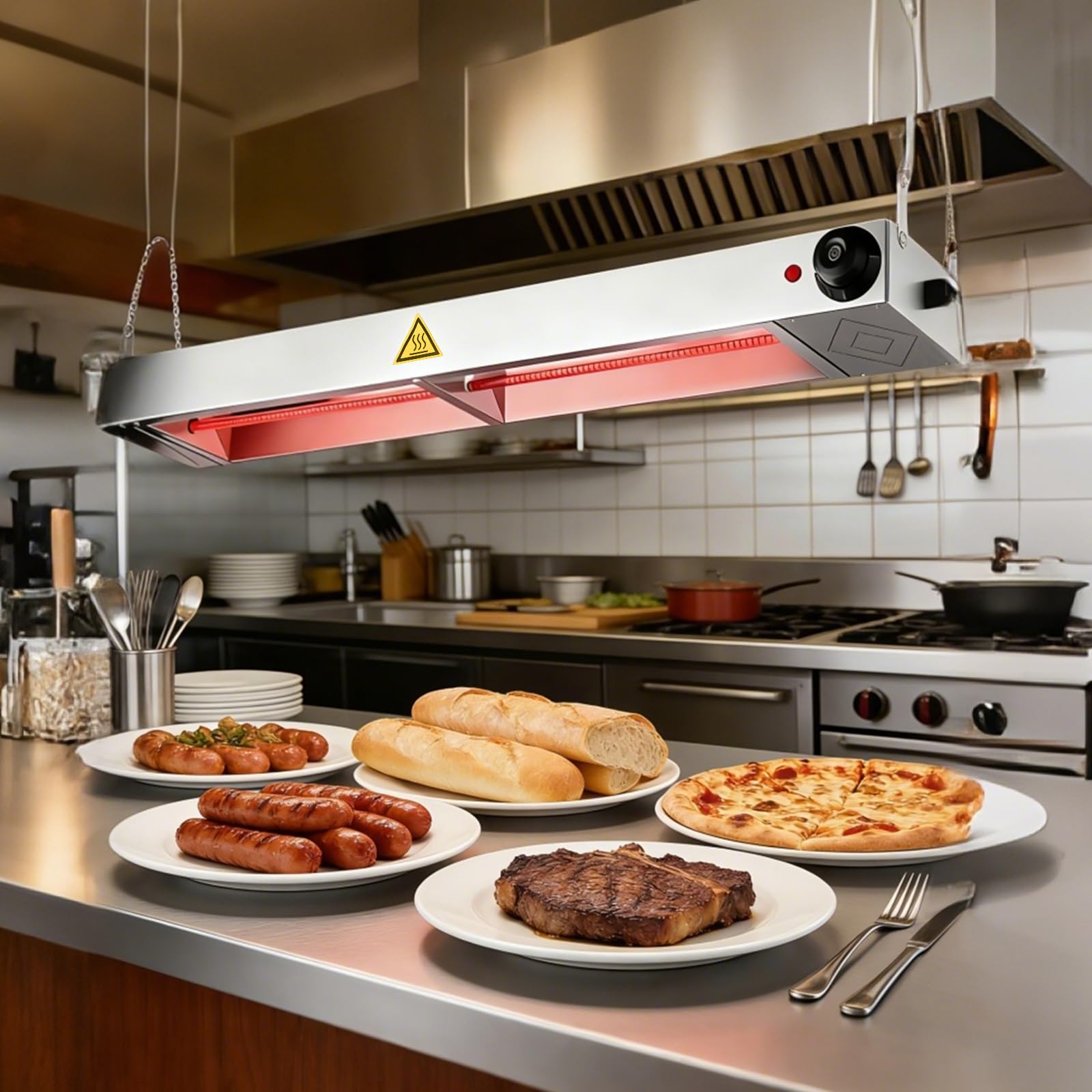 Lampada Scaldavivande da Cucina | Lampada Riscaldante a Infrarossi a Sospensione, Temperatura Regolabile (30–80 °C) | Lampada Scaldavivande a Sospensione adatta a Buffet, Mense e Hotel (1, 90cm)