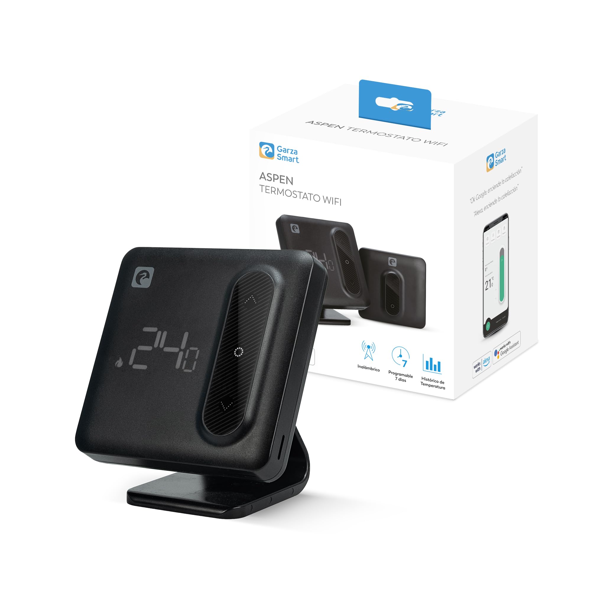 Garza - Termostato Wi-Fi Inteligente para Caldera y Calefacción, con Adaptador, Medidor Consumo, Control táctil, Detección Ventanas Abiertas, Control App y Voz, Alexa/Google, Negro